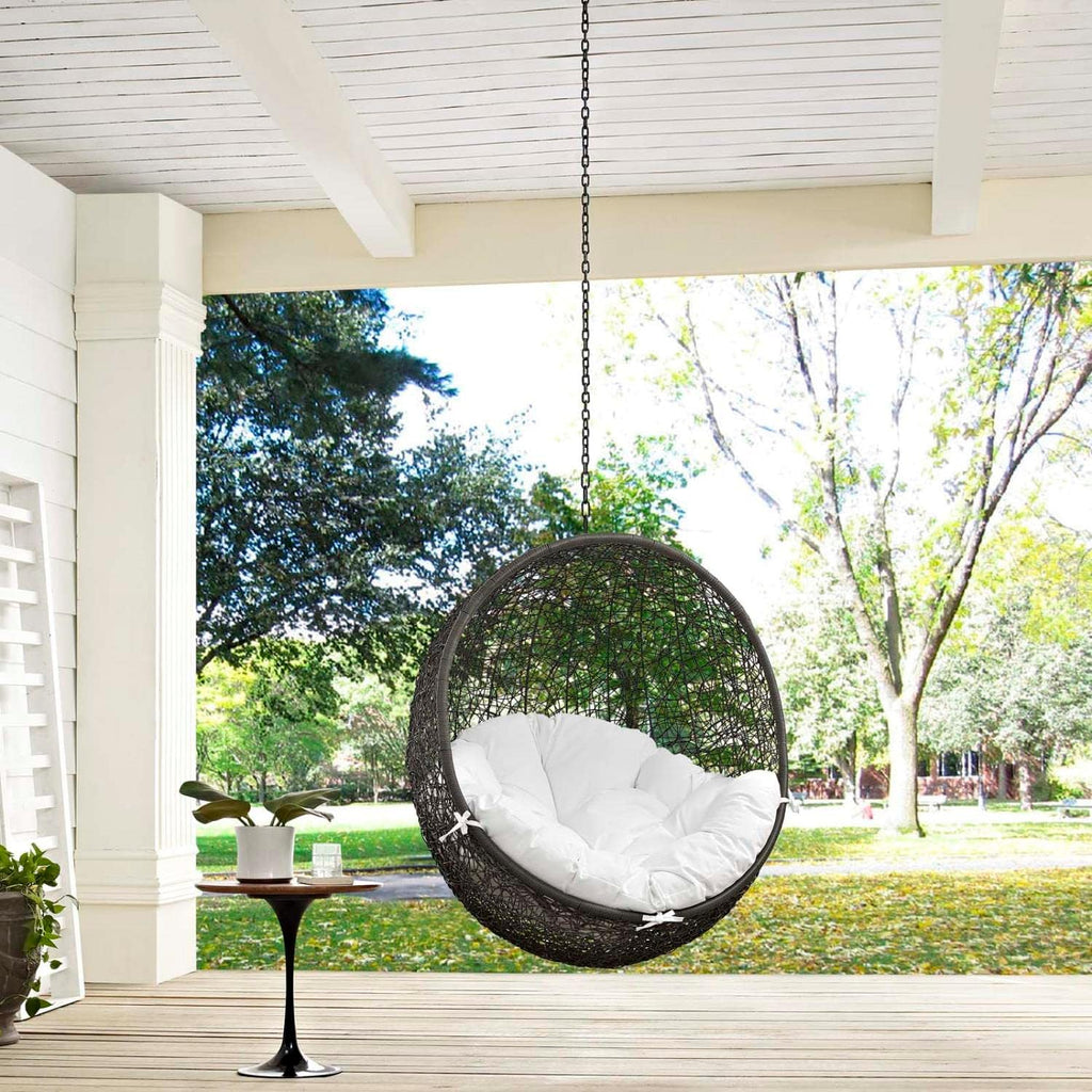 Modway Hide Wicker Rattan Outdoor Patio Swing Chair with Hanging Steel Chain in Gray White