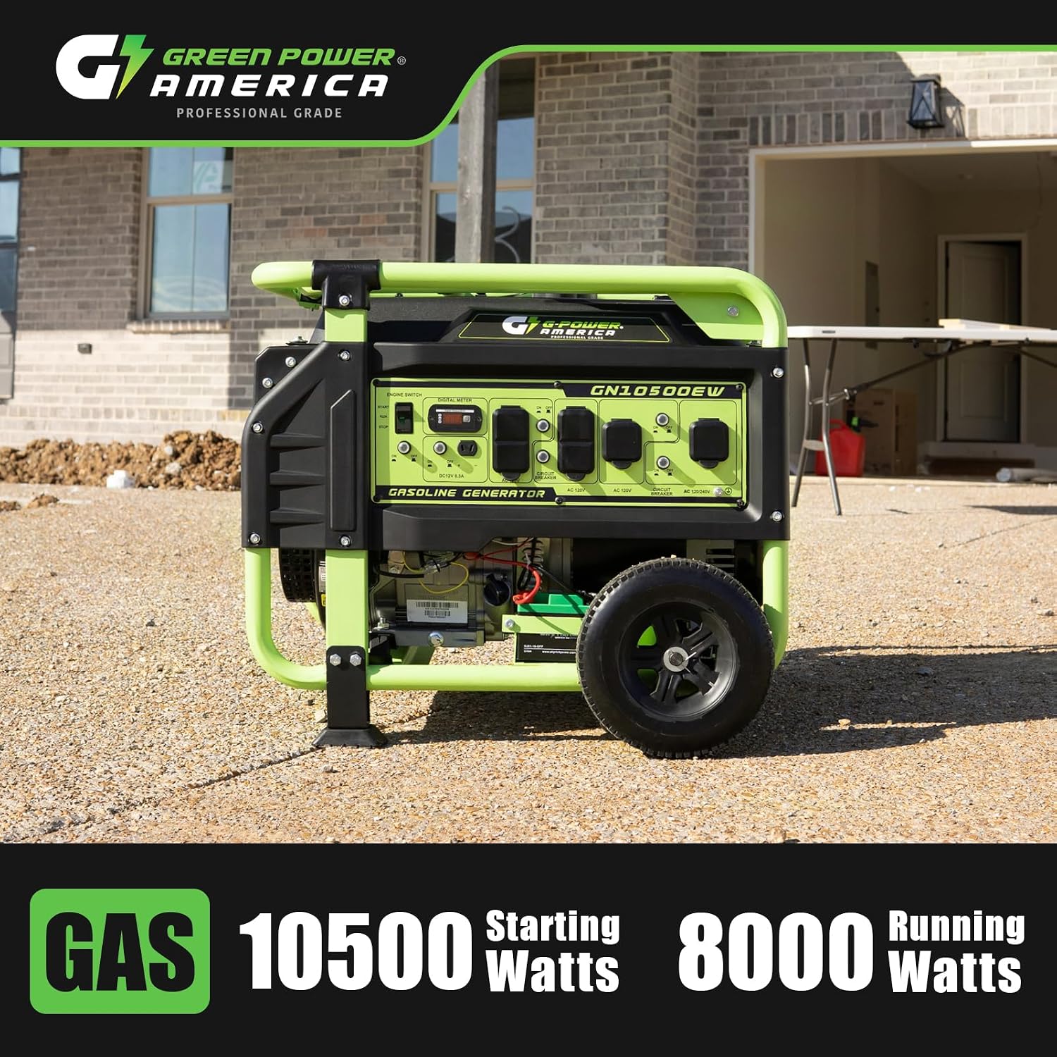 Green-Power America 10500 Watt Gasoline Powered Generator, Electric & Recoil Start, 120V/240V, 12V/8.3A Outlet, Whole House Backup, RV & Job Site Ready, EPA Approved