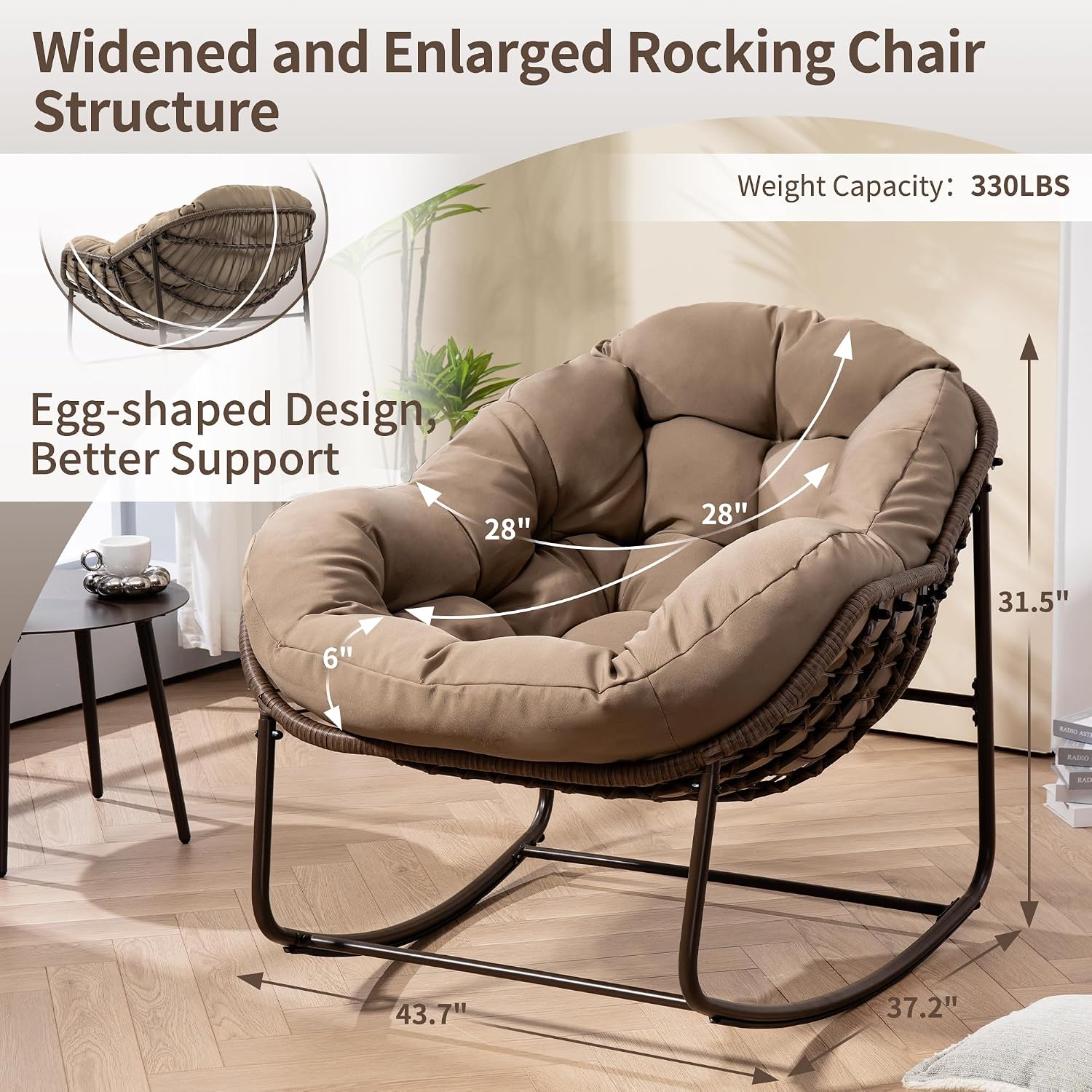 HOMEFUN Outdoor Patio Rocking Chairs, Oversized Papasan Rock Chair Indoor with Padded Cushion - Rocker Egg for Front Porch, Garden, Backyard Khaki