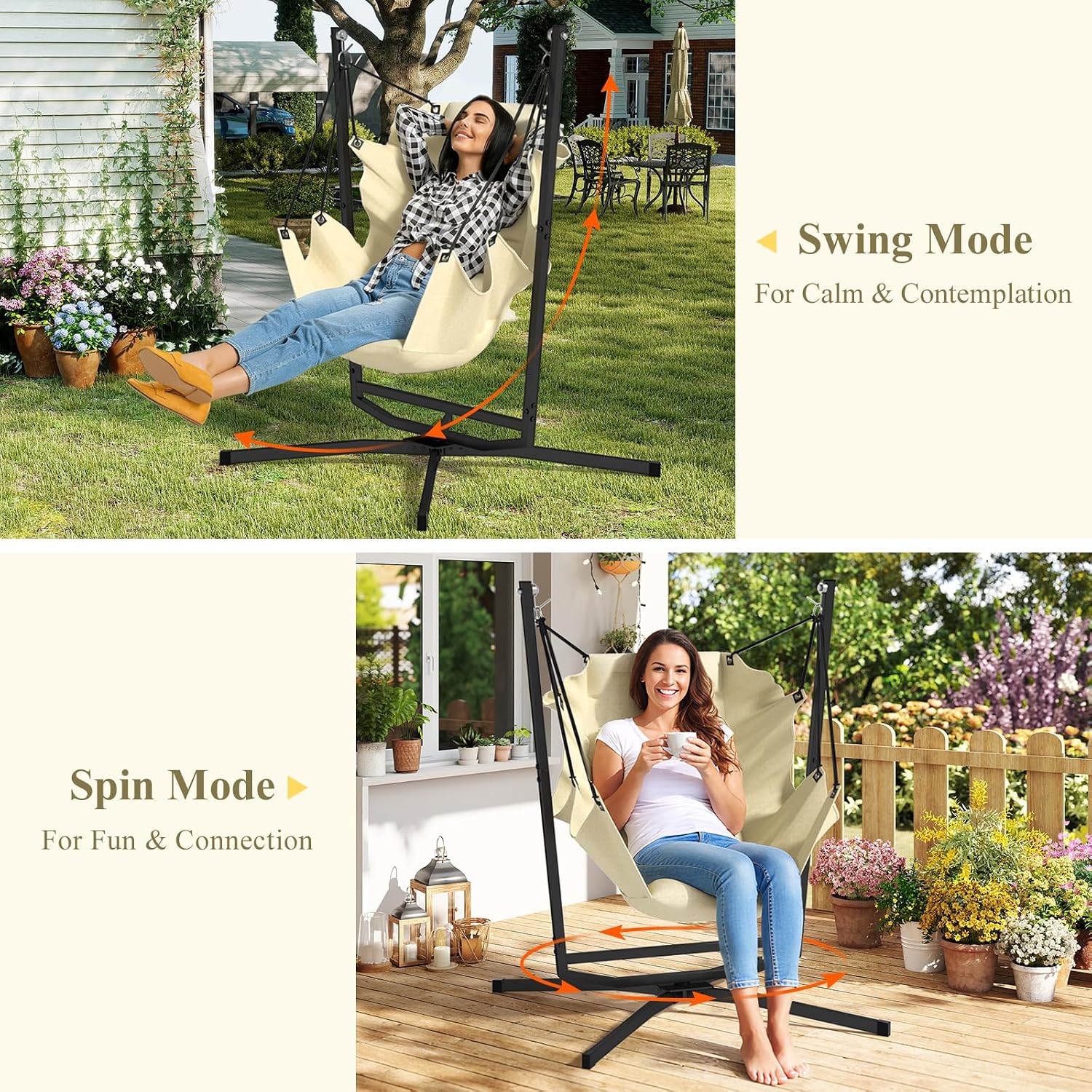 360° Swivel Hammock Swing Chair with Stand - Comfortable Hanging Chair with Cushions (400 lbs Capacity) for Indoor/Outdoor Use - Perfect for Bedroom, Patio, Porch, Deck, Garden, Balcony
