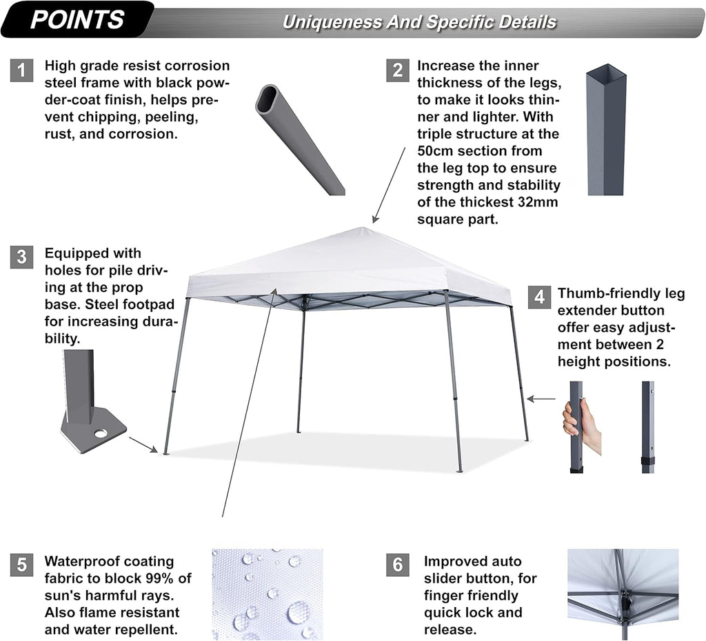 ABCCANOPY Stable Pop up Outdoor Canopy Tent 8 x 8 ft Base / 6 x 6 ft Top, White