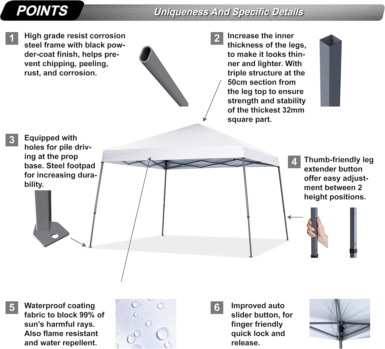ABCCANOPY Stable Pop up Outdoor Canopy Tent 8 x 8 ft Base / 6 x 6 ft Top, White