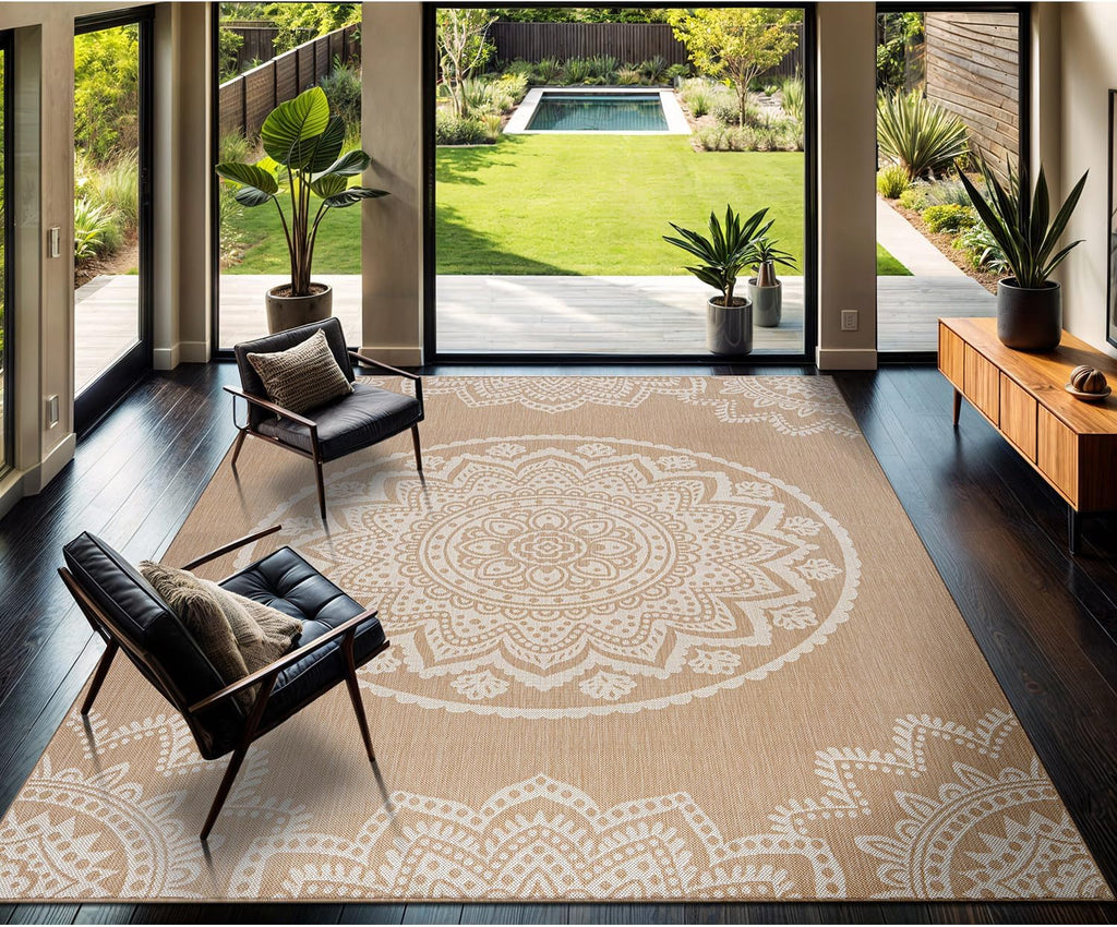 CAMILSON Outdoor Rug 9x12 Modern Area Rugs for Large Indoor and Outdoor Patios and Porches - Waterproof Washable Non-Shedding Easy-to-Clean Outside Carpet (9 x 12, Medallion - Beige/White)