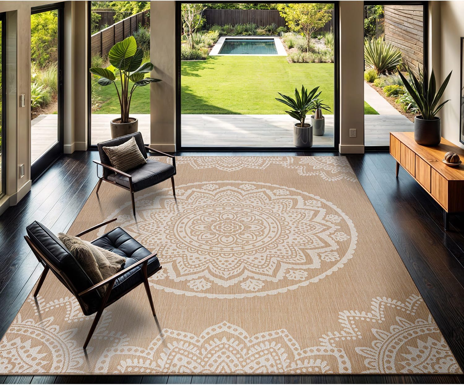 CAMILSON Outdoor Rug 9x12 Modern Area Rugs for Large Indoor and Outdoor Patios and Porches - Waterproof Washable Non-Shedding Easy-to-Clean Outside Carpet (9 x 12, Medallion - Beige/White)
