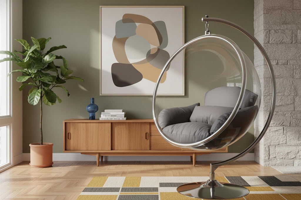 Meridian Furniture 507Grey Luna Collection Modern | Contemporary Clear Acrylic Accent Swing Chair with Durable Metal Base and Fabric Seat, Grey, Chrome Finish, 41.5' W x 29.5' D x 64' H