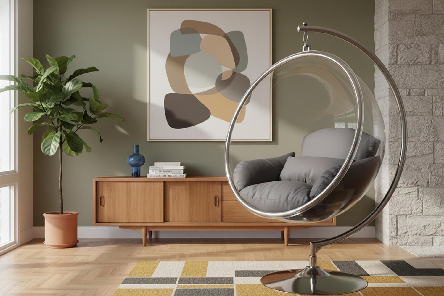 Meridian Furniture 507Grey Luna Collection Modern | Contemporary Clear Acrylic Accent Swing Chair with Durable Metal Base and Fabric Seat, Grey, Chrome Finish, 41.5' W x 29.5' D x 64' H