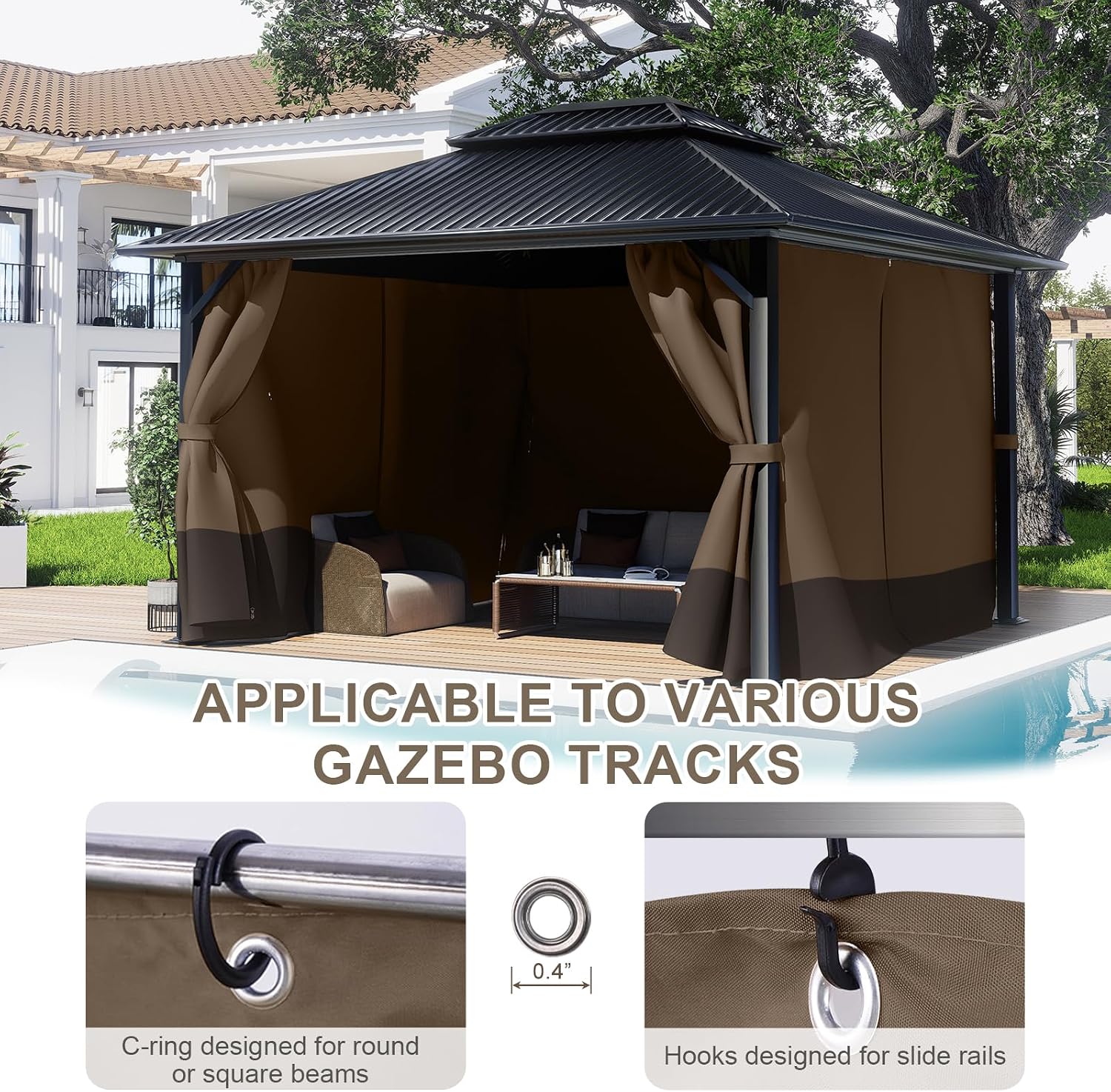 BPS 12' x 14' Gazebo Privacy Curtains with Double Zipper, 4-Panels Side Wall Universal Gazebo Side Panels Replacement for Patio, Outdoor Canopy, Garden and Backyard (Curtain Only)