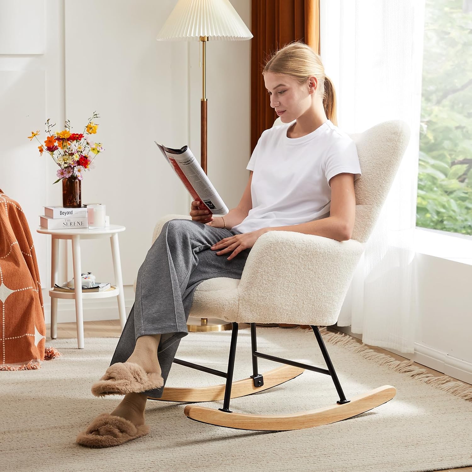 DUMOS Rocking Chair with High Backrest, Teddy Upholstered Indoor Reading Glider Chair with Comfy Seat for Bedroom, Living Room, Office, Beige
