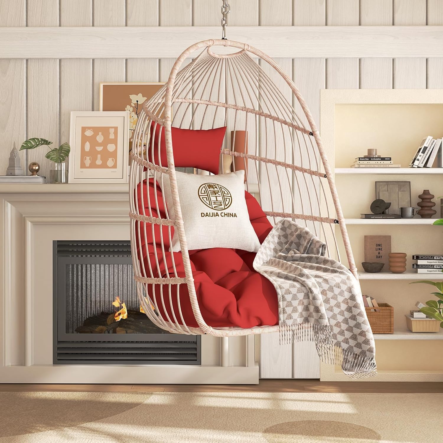 Hanging Egg Chair with Pillow, HDPE Rattan Foldable Swing Chair with Aluminum Frame & UV Resistant Cushion, Hammock Egg Basket Without Stand for Indoor Outdoor, 350Lbs Capacity (Red Cushion)