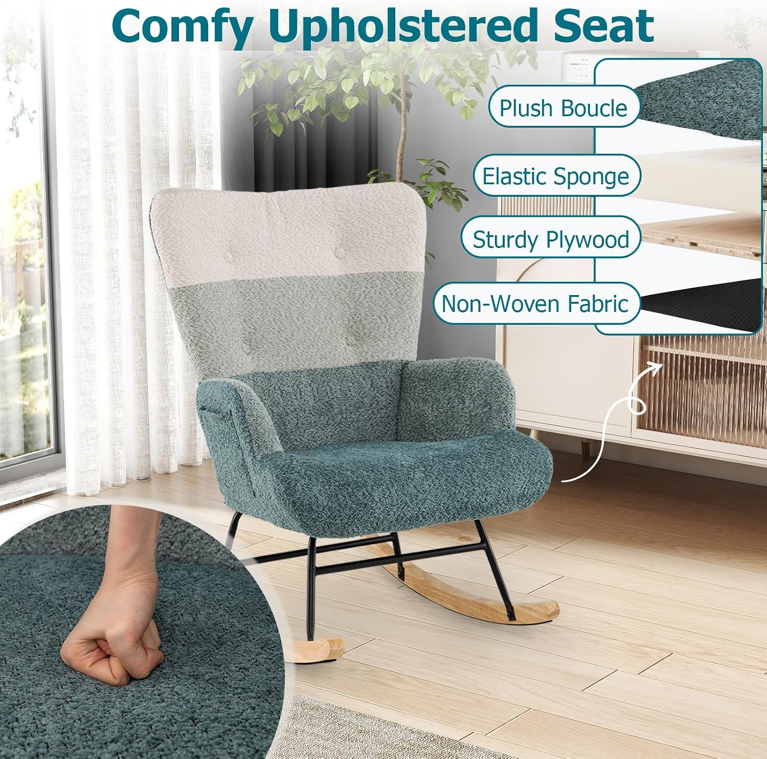 Giantex Nursery Rocking Chair Set of 2, Boucle Upholstered Glider Rocker Accent Chair w/Ergonomic High Backrest, Rubber Wood Legs & Side Pocket, Modern Armchair for Living Room, Bedroom, Striped Green