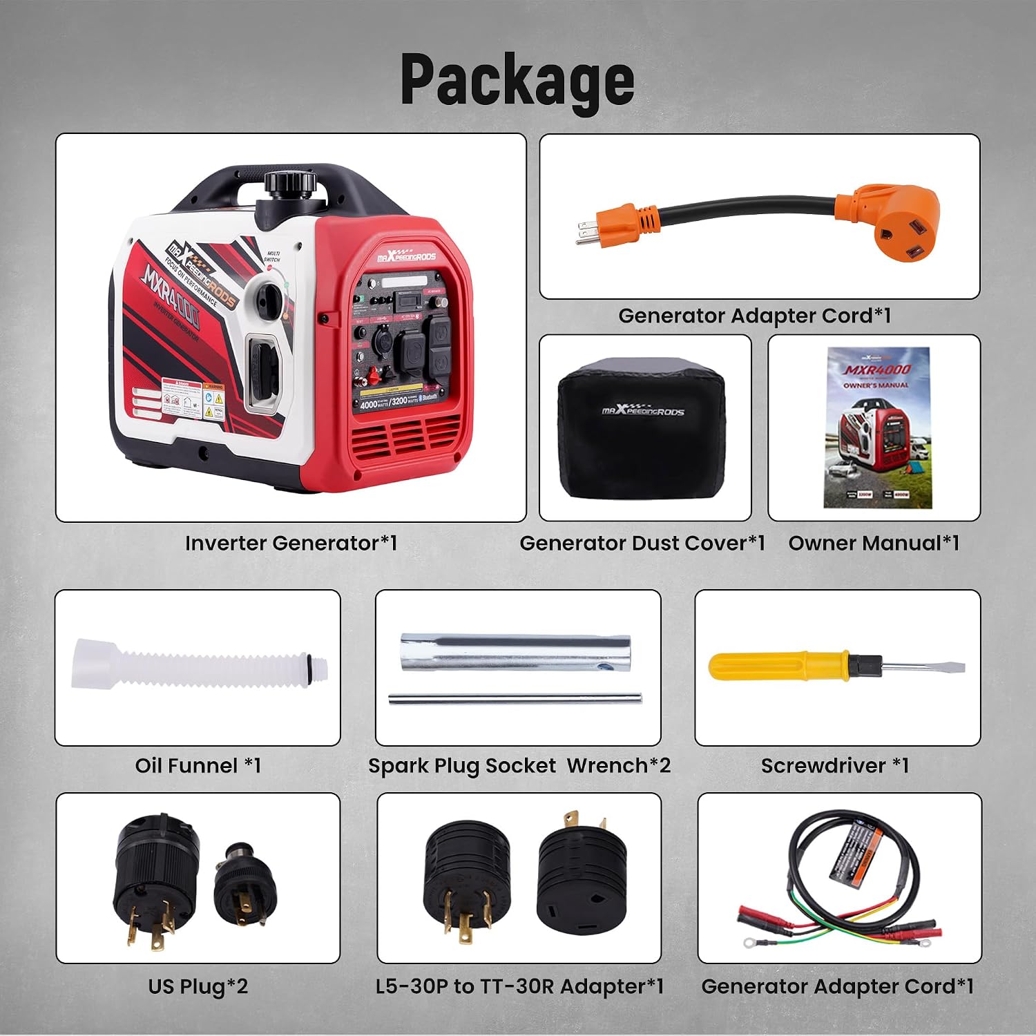 maXpeedingrods Portable 4000 Watt Inverter Generator with RV Power Adapter Cord 15Amp to 30Amp, NEMA 5-15P to TT-30R