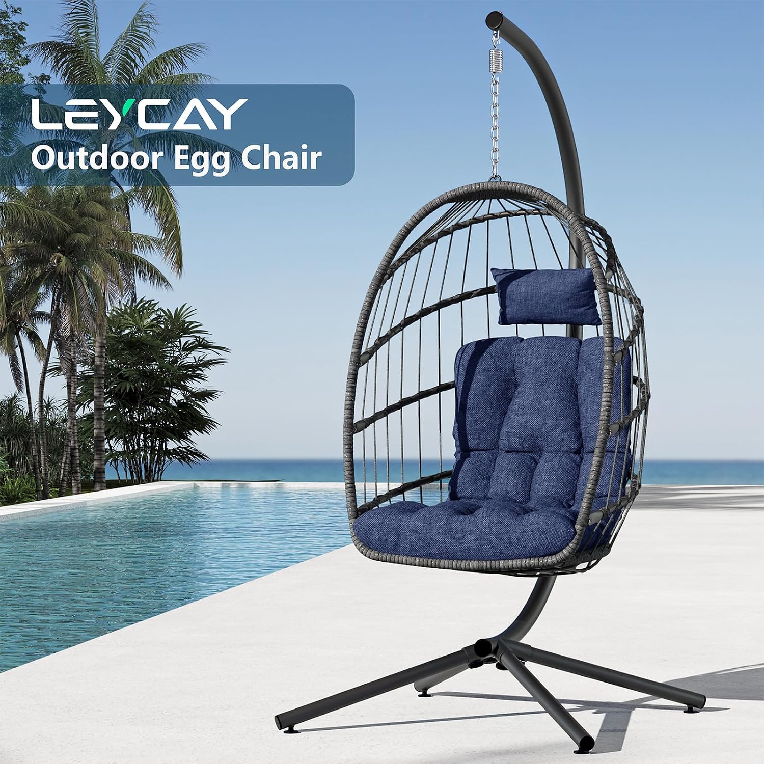 LEYCAY Hanging Egg Chair with Stand, Outdoor Indoor Swing Egg Chair with Cushion, Wicker Hammock for Patio, Bedroom 350 LBS Capacity-Dark Blue