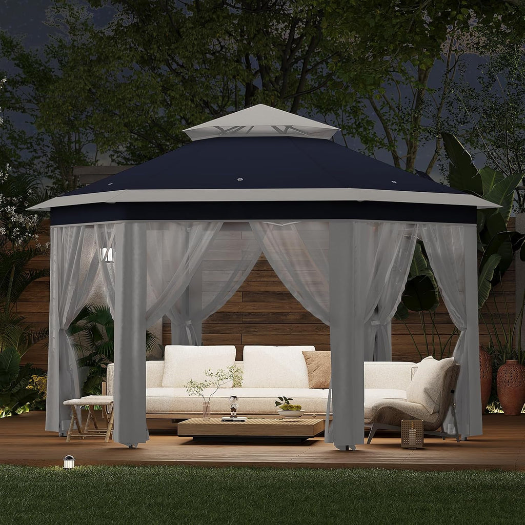 13' x 13' Pop-Up Gazebo Canopy Tent with Zippered Mesh Sidewalls and Carrying Bag, Event Tent Shelter for Patio Garden Backyard, Blue and Beige