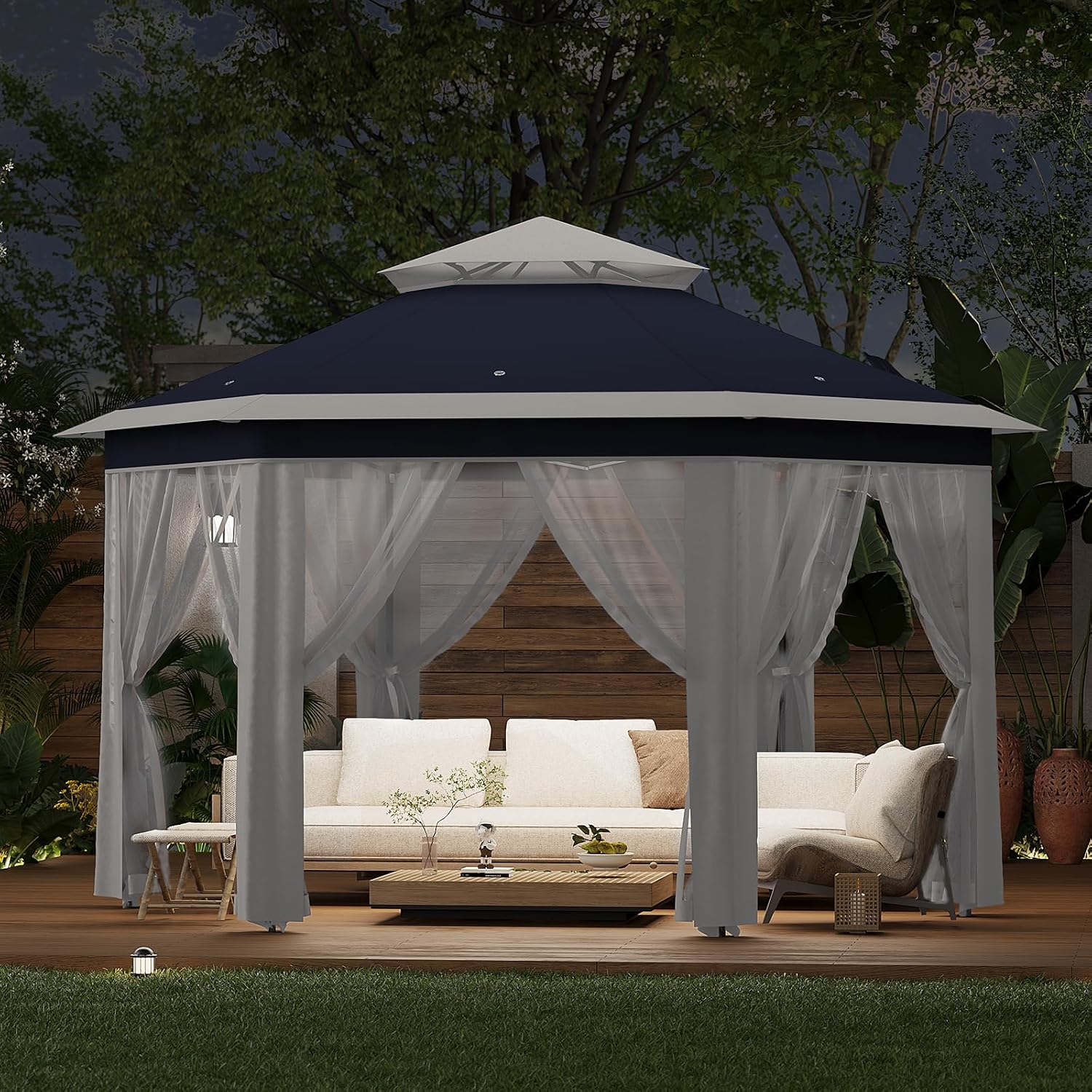13' x 13' Pop-Up Gazebo Canopy Tent with Zippered Mesh Sidewalls and Carrying Bag, Event Tent Shelter for Patio Garden Backyard, Blue and Beige