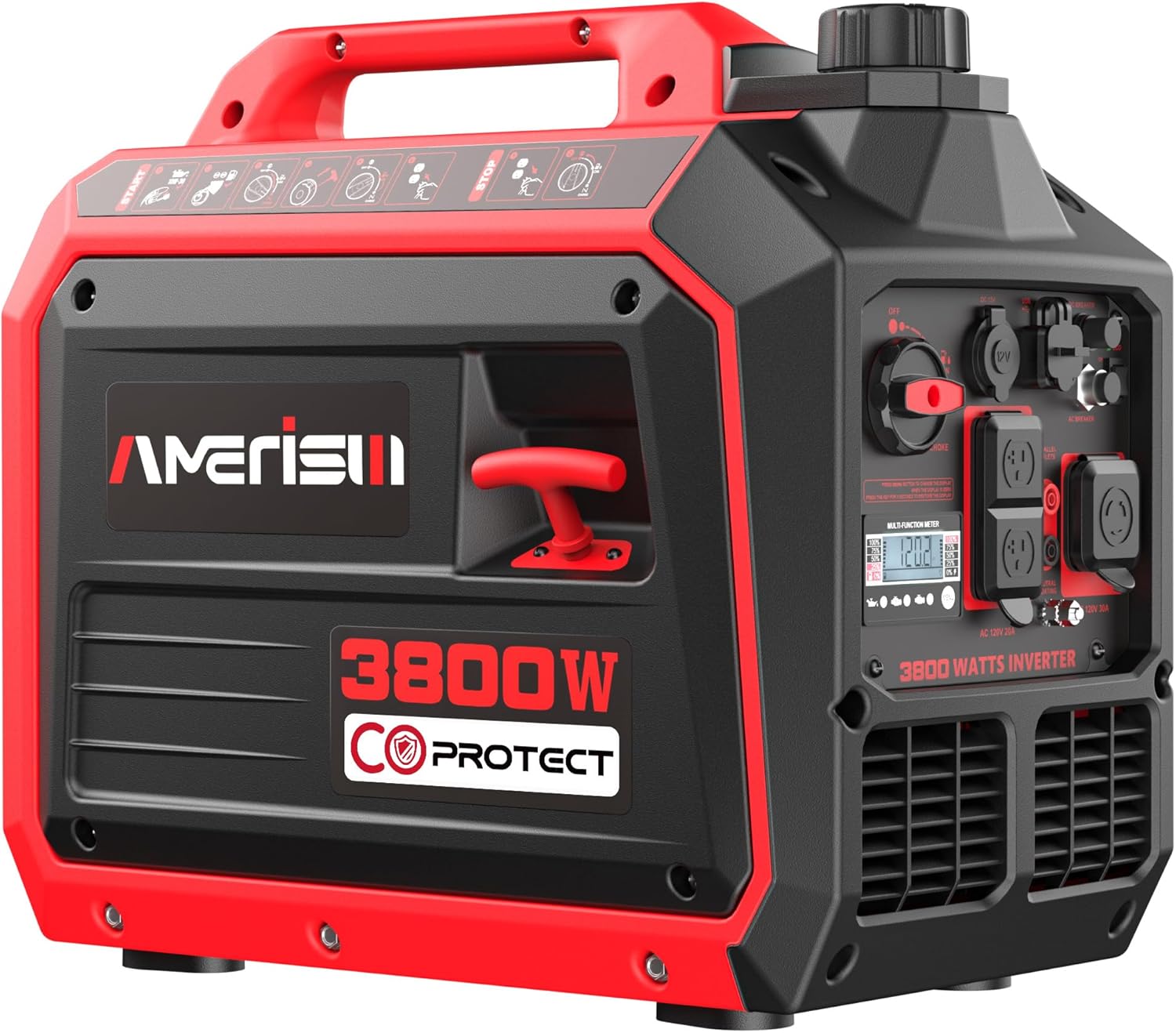 AMERISUN 3800W Gas Powered Portable Inverter Generator, Gas Generator with CO Sensor ECO Mode Digital Display, Parallel Capable EPA Compliant Long Runtime for Camping Tailgating Home Quiet Lightweight