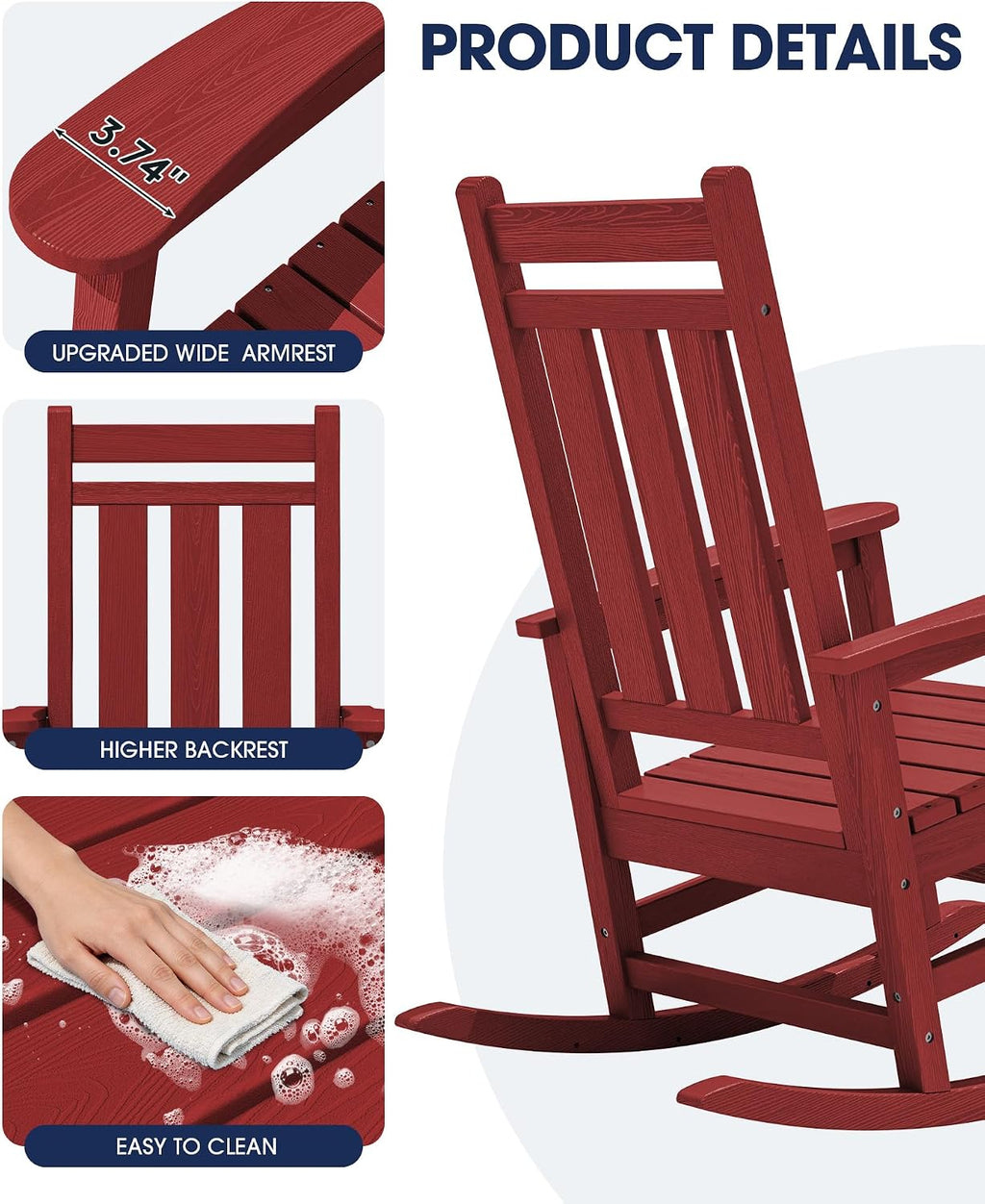 KINGYES Oversized Outdoor Rocking Chair Set of 2, All-Weather Patio Rocking Chairs for Porch, HDPE Outdoor Patio Rockers with High Back & Wide Seat for Garden, Lawn, Red