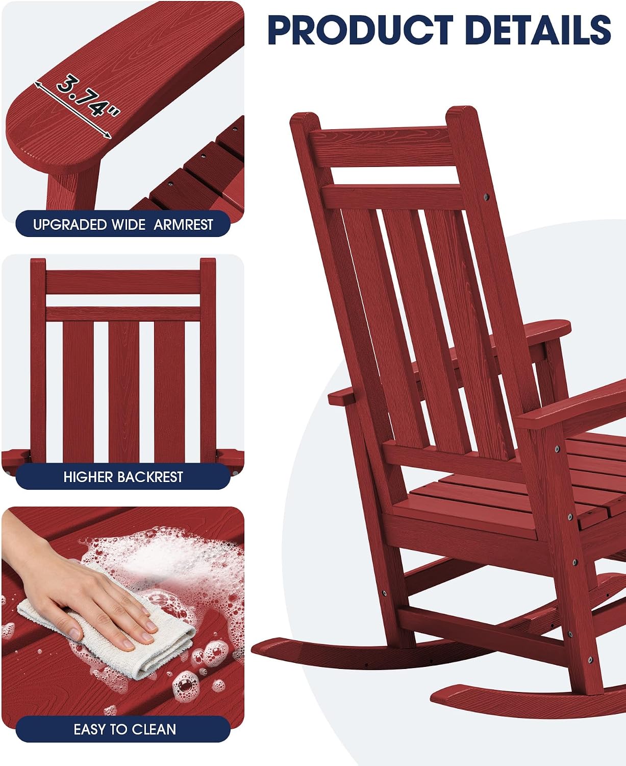 KINGYES Oversized Outdoor Rocking Chair Set of 2, All-Weather Patio Rocking Chairs for Porch, HDPE Outdoor Patio Rockers with High Back & Wide Seat for Garden, Lawn, Red
