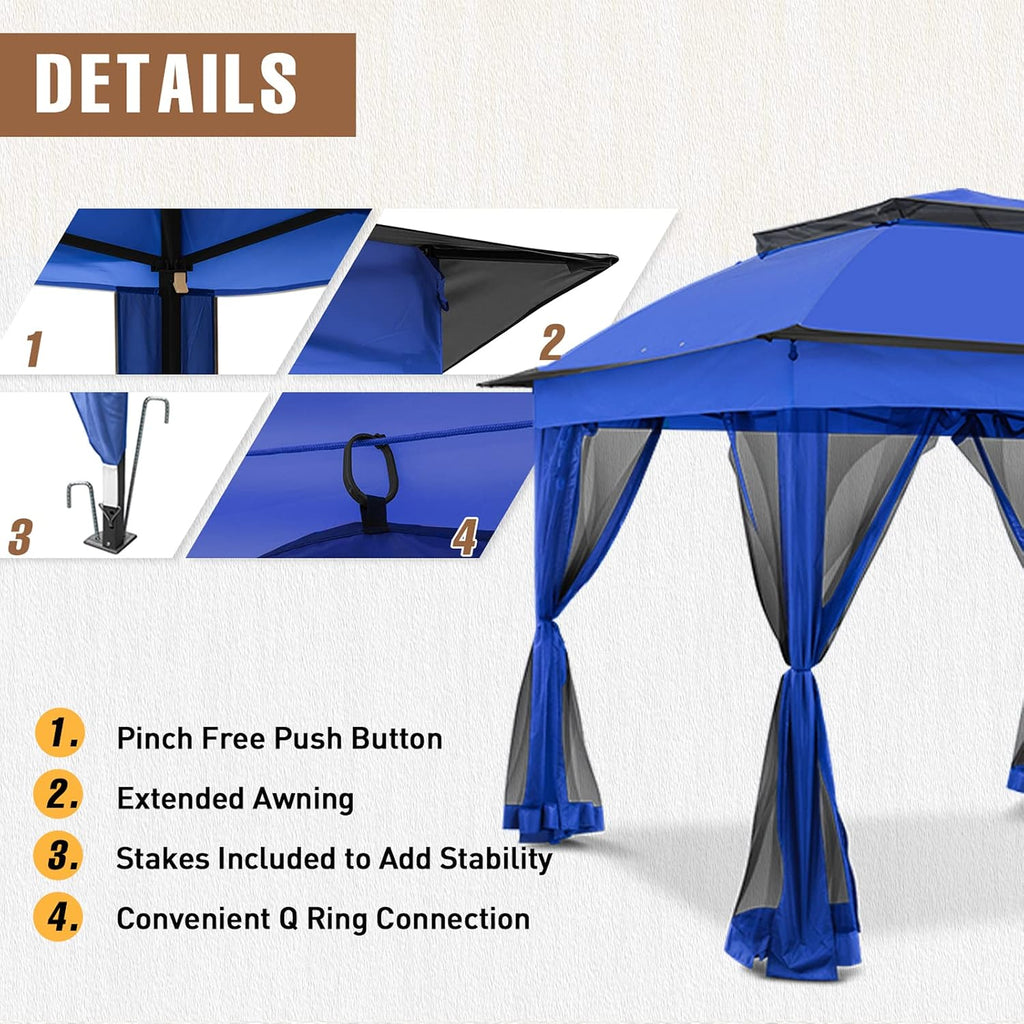 11x11 Pop Up Gazebo Tent with Mesh Netting, Instant Outdoor Canopy with UPF 50+ UV Protection, Water Resistant, Blue