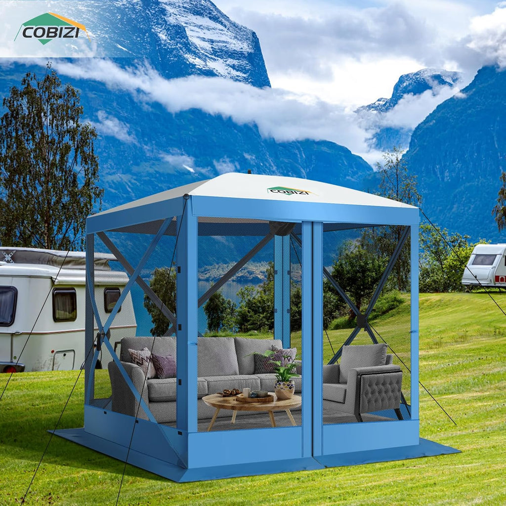COBIZI Pop Up Gazebo Screen Tent Screen House for Camping, 8FTx8FT Screen Room with Mosquito Netting, Hub Tent Instant Screened Canopy with Carrying Bag and Ground Stakes, Blue