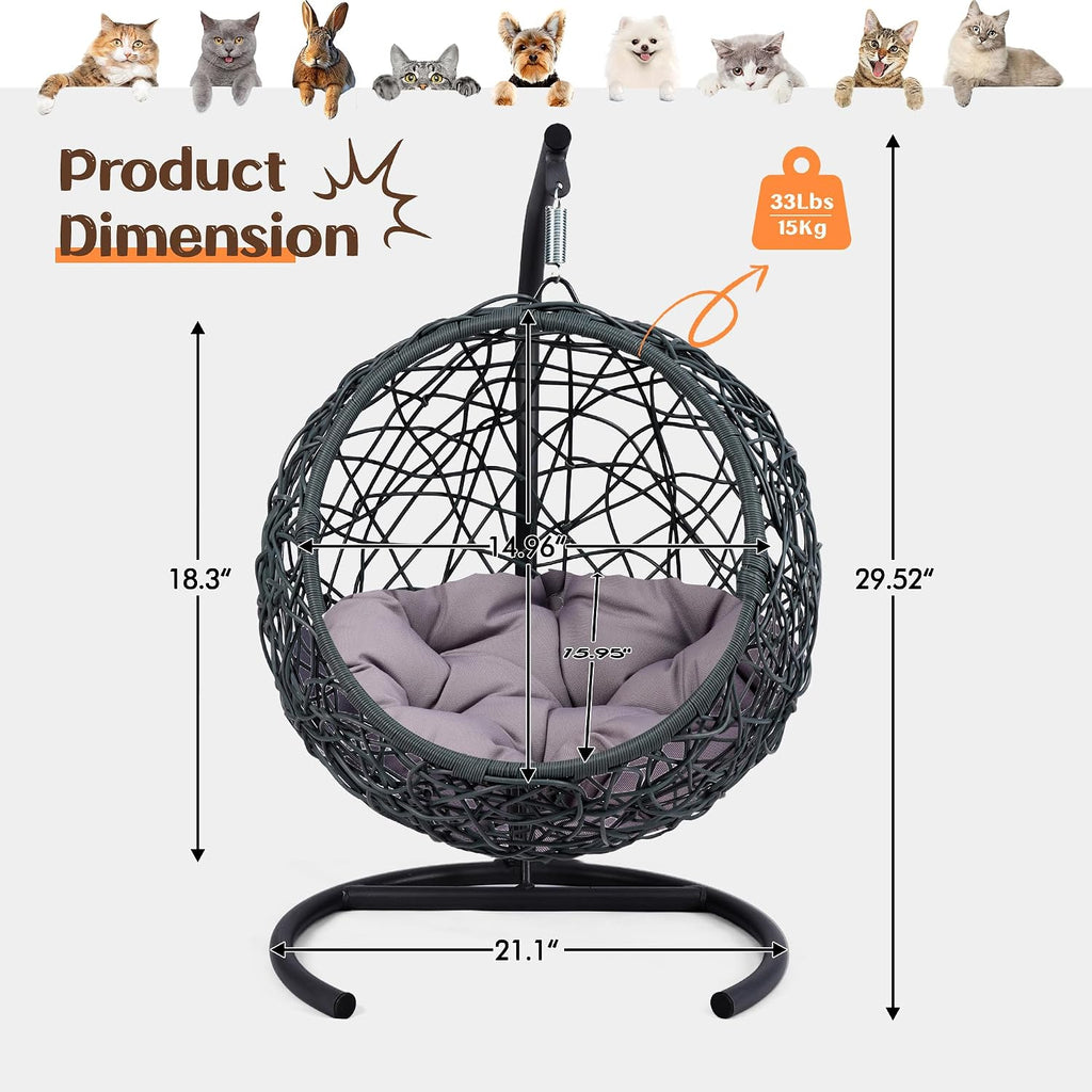 Cat Swing Bed with Aluminum-Steel Stand & Soft Cushion, Cat Egg Chair with HDPE Rattan Wicker Appearance, Indoor Hanging Pet Bed for Kitten, Puppy, Small Dogs (Grey, Hemispherical)