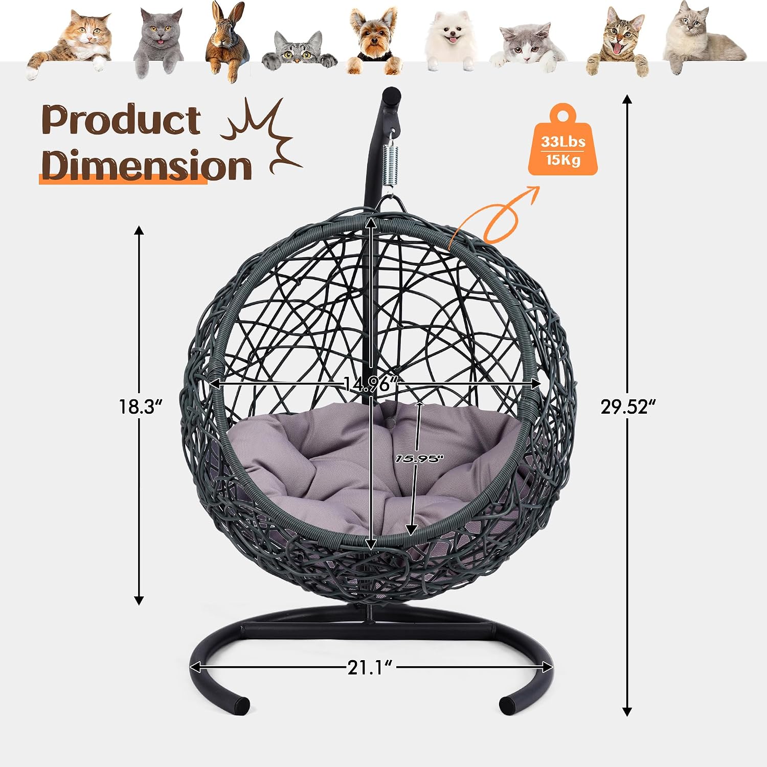 Cat Swing Bed with Aluminum-Steel Stand & Soft Cushion, Cat Egg Chair with HDPE Rattan Wicker Appearance, Indoor Hanging Pet Bed for Kitten, Puppy, Small Dogs (Grey, Hemispherical)