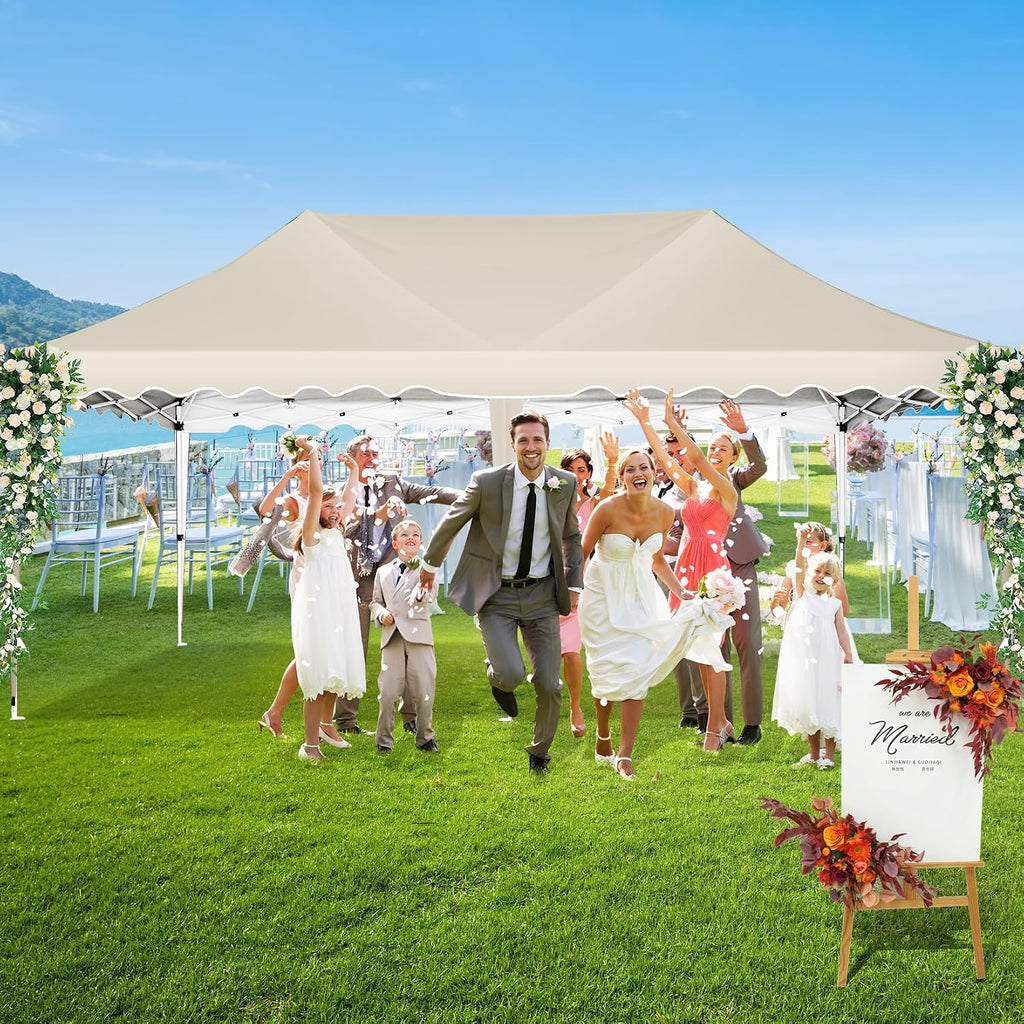 HOTEEL 10x20 Pop up Canopy Tent Without Sidewall Easy Up Commercial Outdoor Wedding Party Tents for Parties All Season Wind & Waterproof Gazebo Roller Bag, Khaki