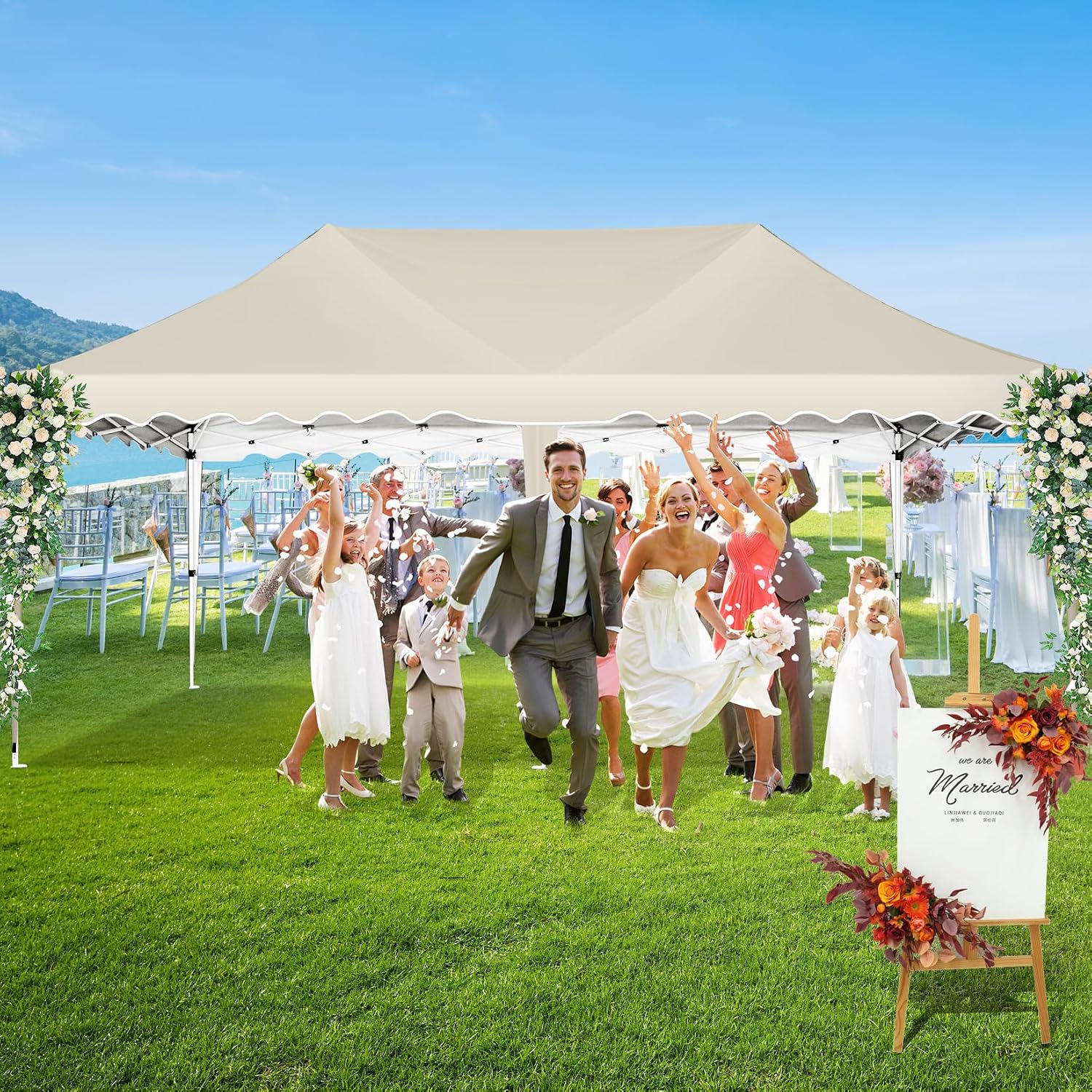 HOTEEL 10x20 Pop up Canopy Tent Without Sidewall Easy Up Commercial Outdoor Wedding Party Tents for Parties All Season Wind & Waterproof Gazebo Roller Bag, Khaki