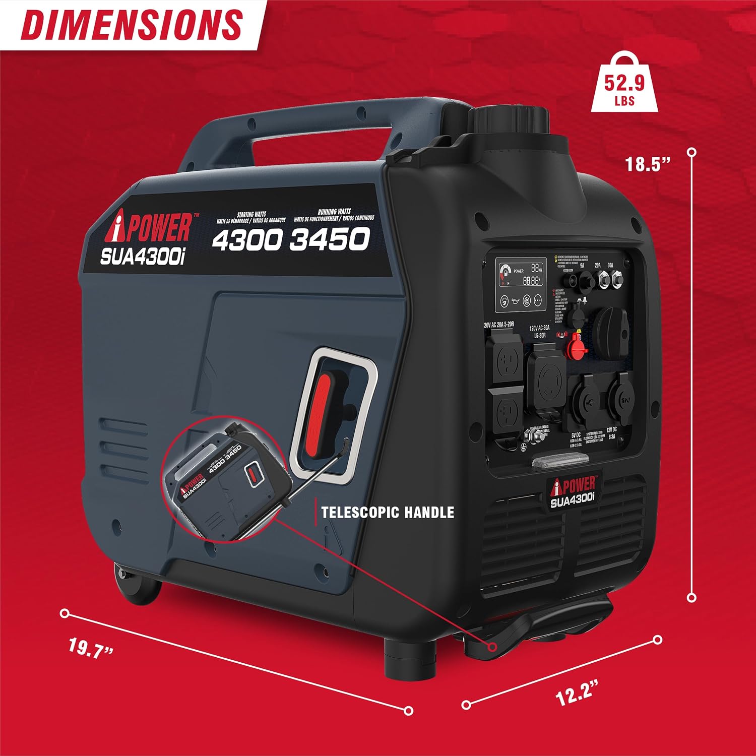 A-iPower Portable Inverter Generator Gas, 4300W RV Ready, EPA & CARB Compliant CO Sensor, Portable Light Weight With Telescopic Handle For Backup Home Use, Tailgating & Camping (SUA4300i)