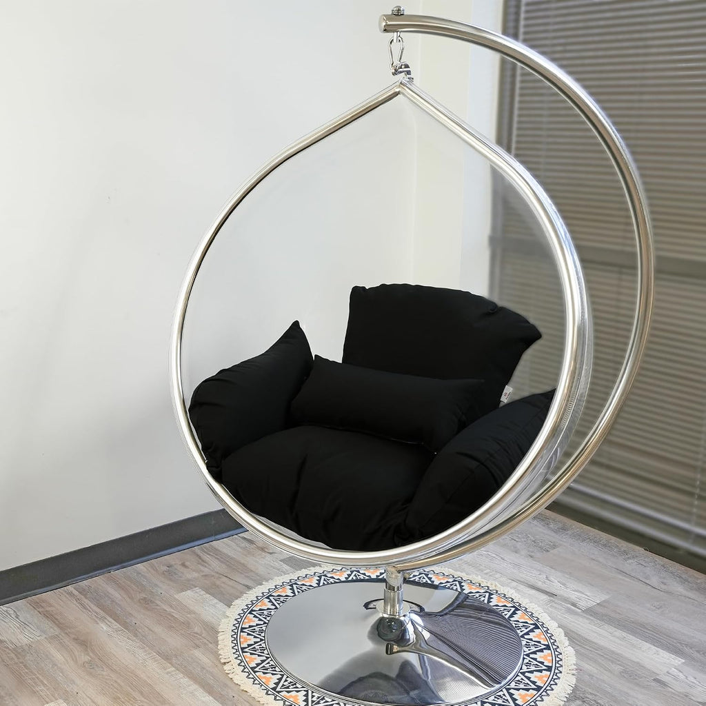 Hanging Chair - Transparent Acrylic Bubble, Waterdrop Shape, Indoor Swing Chair with Gold/Chrome Stand, Durable Fabric Cushion - Luxury Accent for Living Room, Bedroom (Chrome/Black)