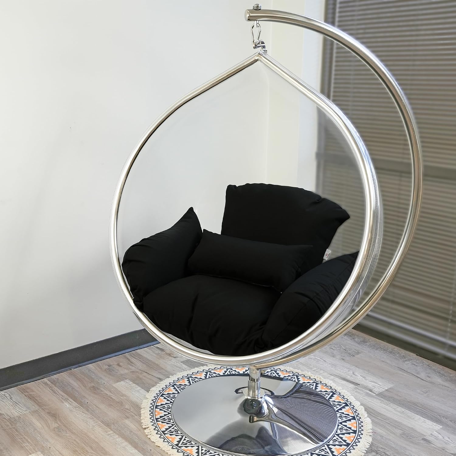 Hanging Chair - Transparent Acrylic Bubble, Waterdrop Shape, Indoor Swing Chair with Gold/Chrome Stand, Durable Fabric Cushion - Luxury Accent for Living Room, Bedroom (Chrome/NavyBlue)