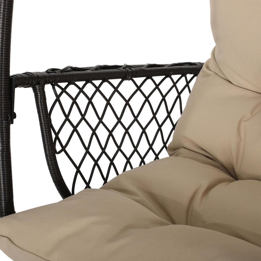 GDF Studio Outdoor Wicker Hanging Chair with Stand,Egg Swing Hammock Chair, Indoor Outdoor Wicker Egg Chair with Cushion for Patio Bedroom Porch Garden,400Lbs Capacity,Brown and Tan
