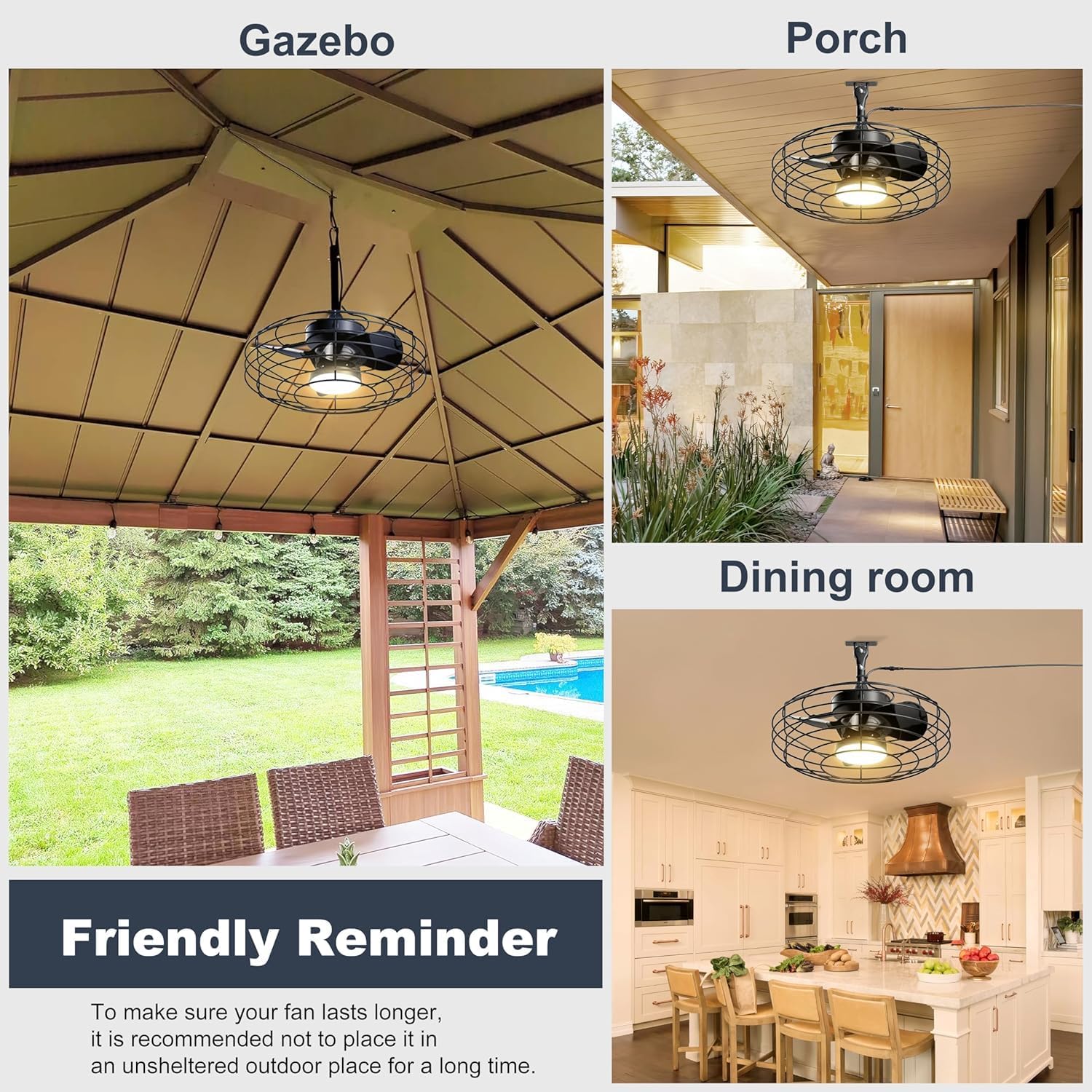 Coolbull 20 Inch Outdoor Ceiling Fans with Light, IP63 Waterproof Gazebo Fan with Hanging Hook, Plug in Caged Ceiling Fan, Remote&APP Control, 3 CCT, 6 Speeds for Patio, Pergola, Canopy, Black