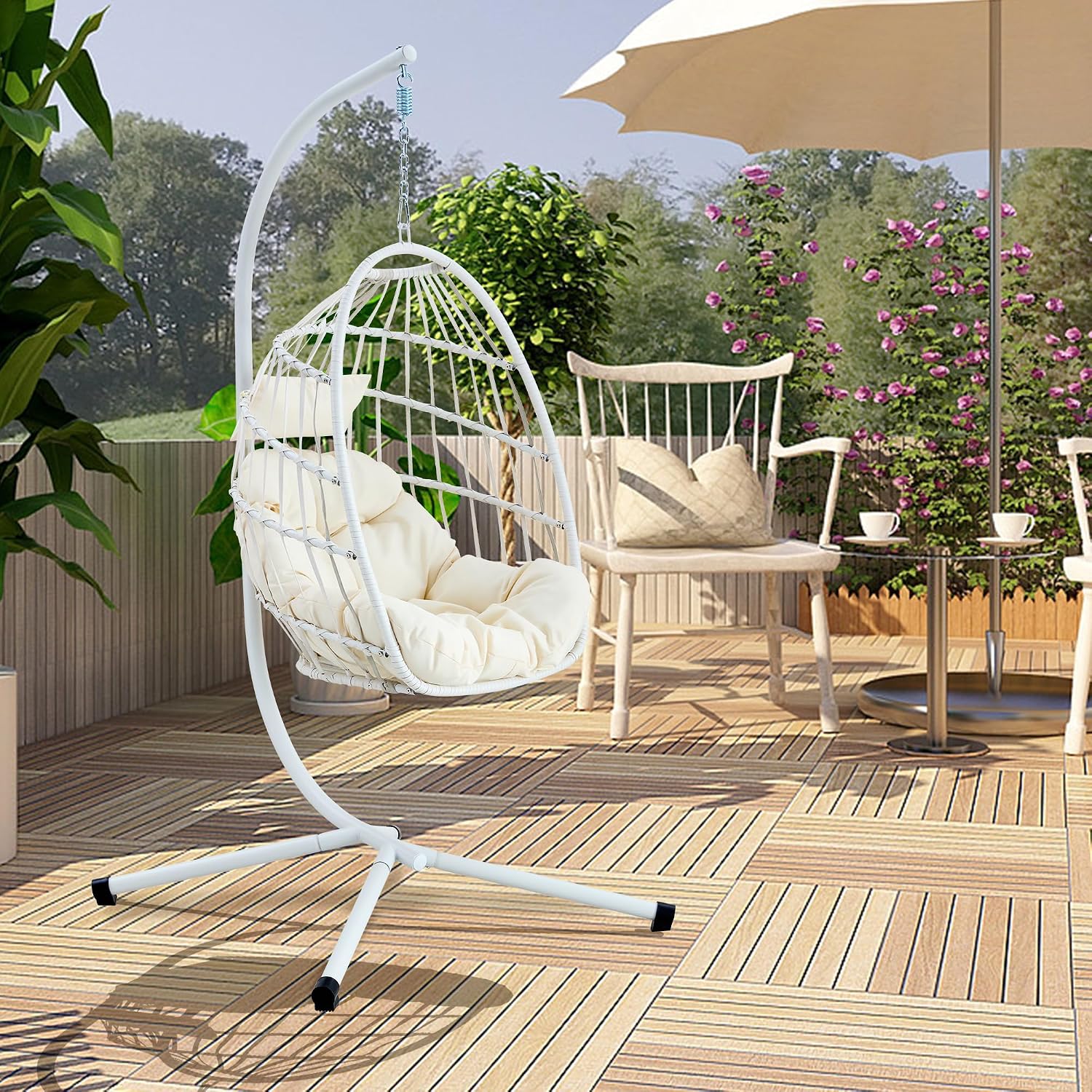 Egg Chair with Stand – Faux Rattan Wicker Hanging Hammock Chair, Soft Cushions & Pillow, Titanium Alloy Frame, UV-Resistant, All-Weather, Easy Assembly, 350 lbs Capacity for Patio, Garden, Balcony