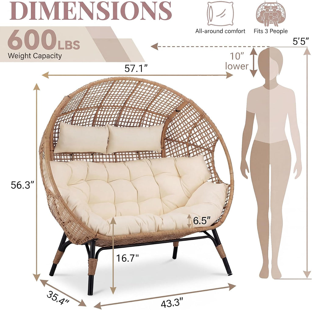 NICESOUL® Double Egg Chair Indoor Outdoor Stationary Oversized Thicken Padded Cushions,2 Person Egg Loveseat Chair, Extra Large Lounge Chair for Patio Balcony Porch Backyard Beige with Cover