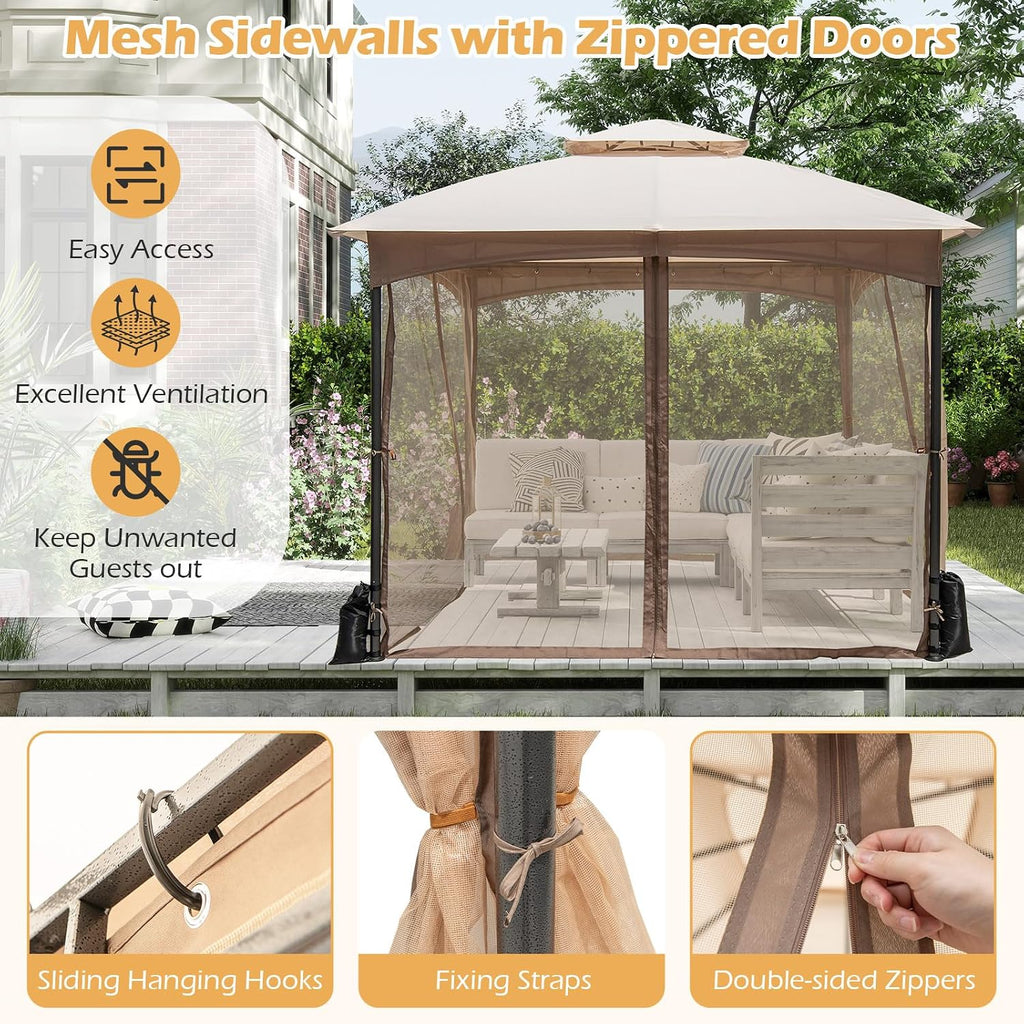 Tangkula 10x10 FT Outdoor Gazebo with Netting, Double Roof Patio Shelter with 4 Sandbags, Zippered Doors, Heavy-Duty Metal Frame, Metal Patio Gazebo for Yard Garden Lawn (Khaki)