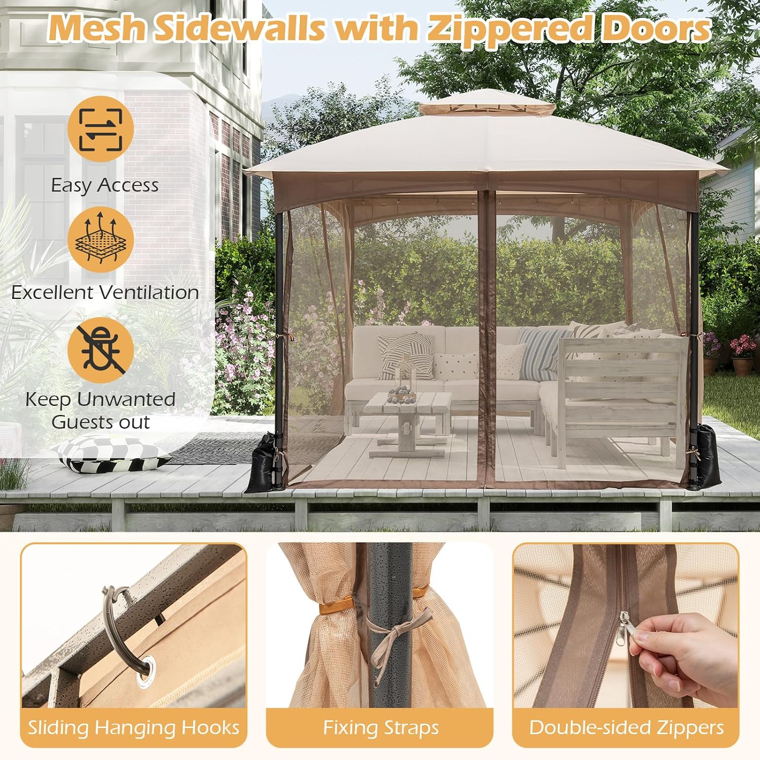 Tangkula 10x10 FT Outdoor Gazebo with Netting, Double Roof Patio Shelter with 4 Sandbags, Zippered Doors, Heavy-Duty Metal Frame, Metal Patio Gazebo for Yard Garden Lawn (Khaki)