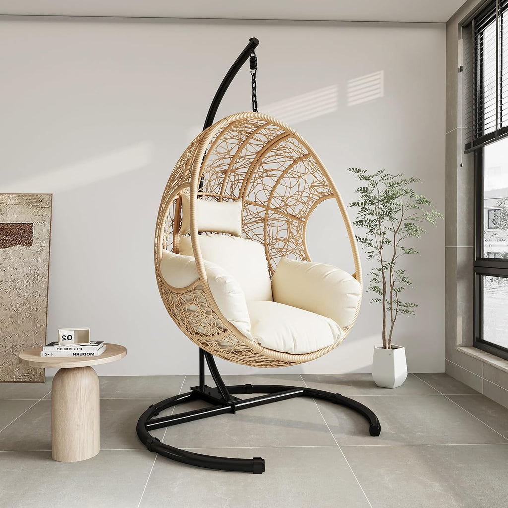 Hanging Egg Chair with Stand - Egg Swing Chair Outdoor Indoor Patio Wicker Chair Swing Hammock Egg Chairs 400lbs Capacity for Outside Patio, Bedroom, Garden and Balcony（Beige-Nest, 1PC）