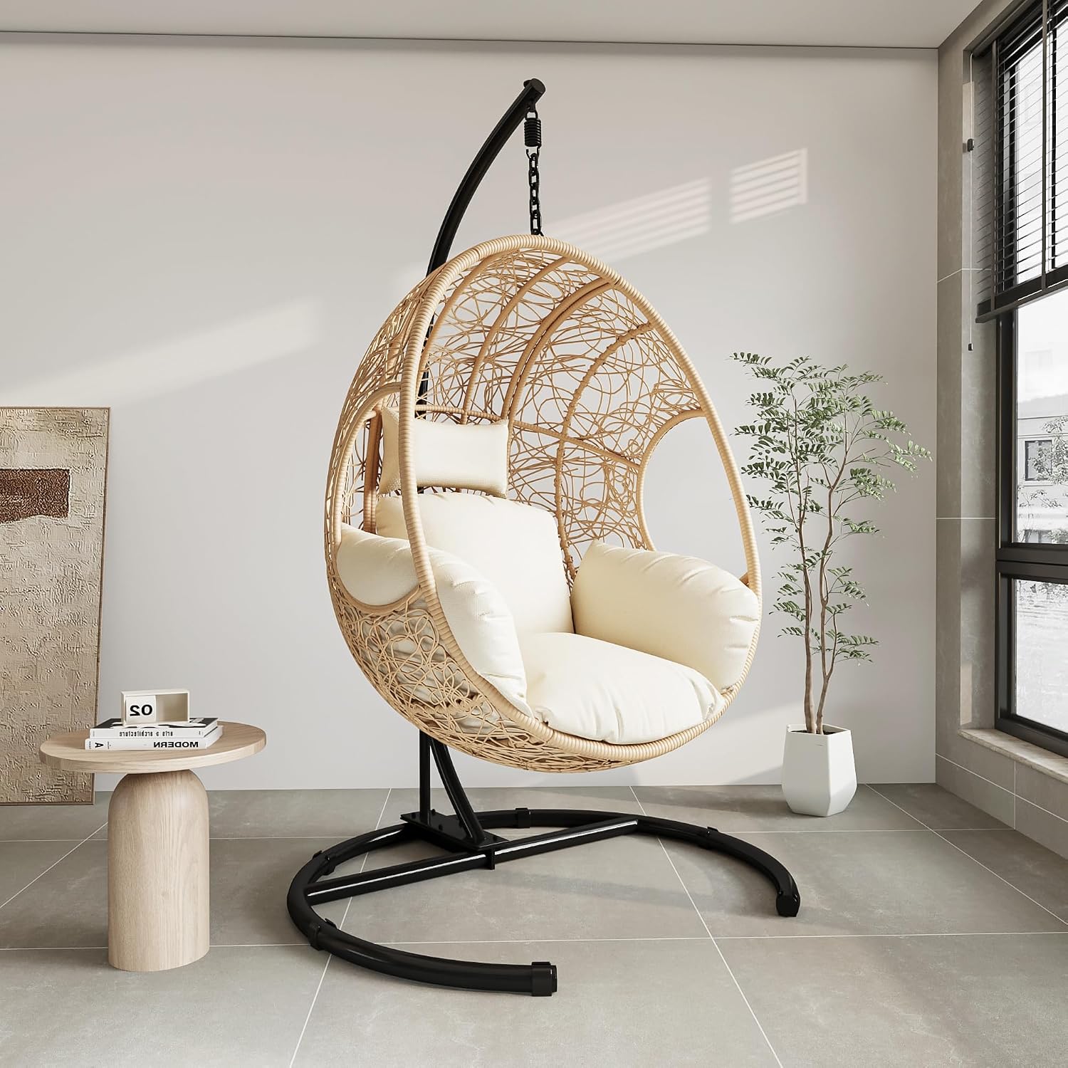 Hanging Egg Chair with Stand - Egg Swing Chair Outdoor Indoor Patio Wicker Chair Swing Hammock Egg Chairs 400lbs Capacity for Outside Patio, Bedroom, Garden and Balcony（Beige-Nest, 1PC）