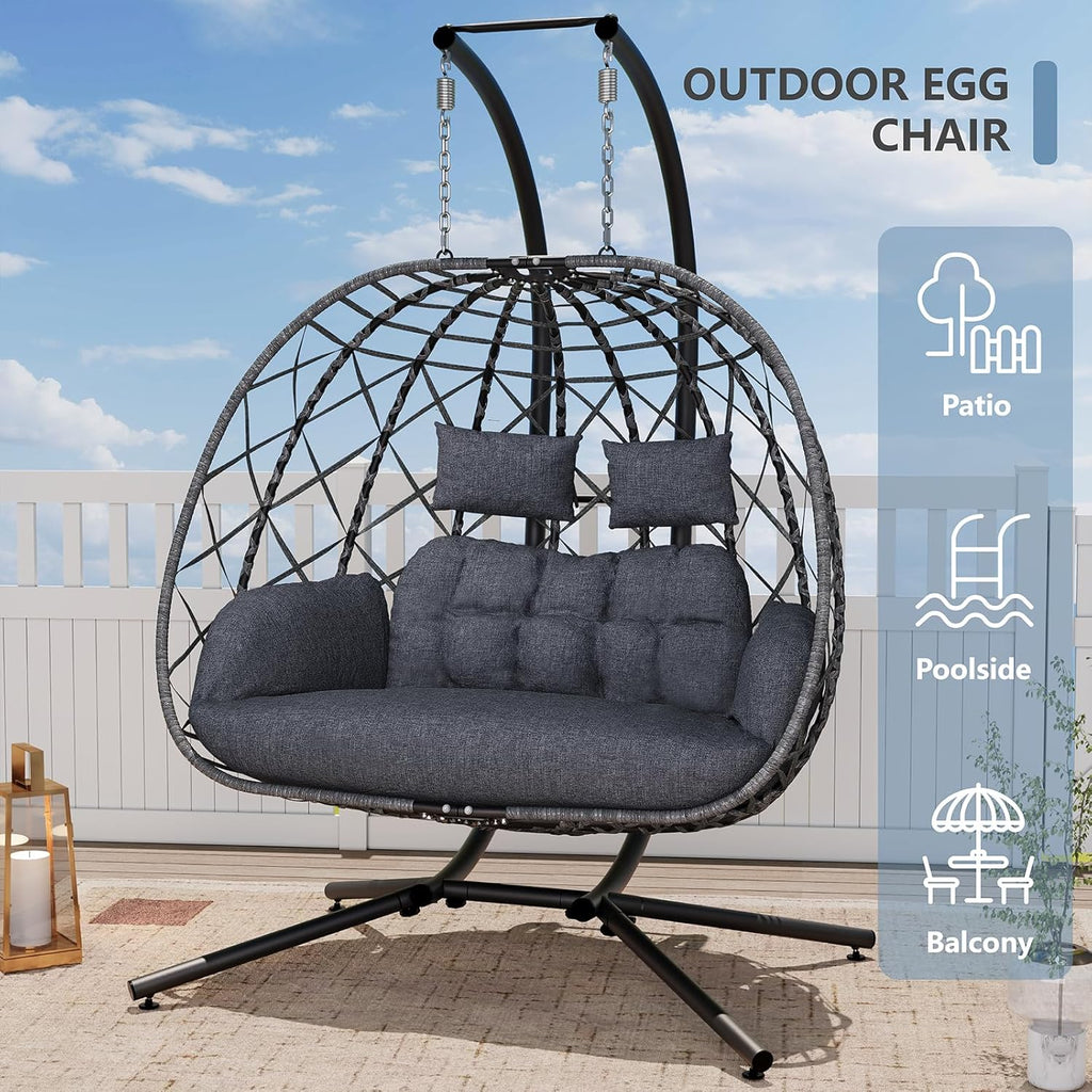 SWITTE Double Egg Swing Chair with Stand, 2 Person Outdoor Indoor Hammock Hanging Chair with Cushion for Patio Living Room 650 LBS Capacity-Dark Grey