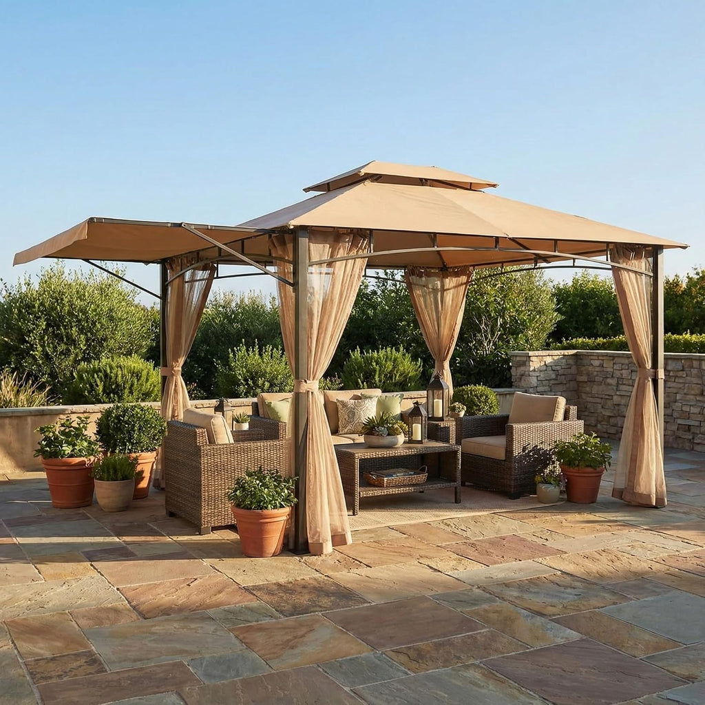 Garden Winds Reinforced RipLock 350 Replacement Canopy Top and Netting Set Compatible with Casual Way Awning 10'x 12' Gazebo Model 8633934 - Beige