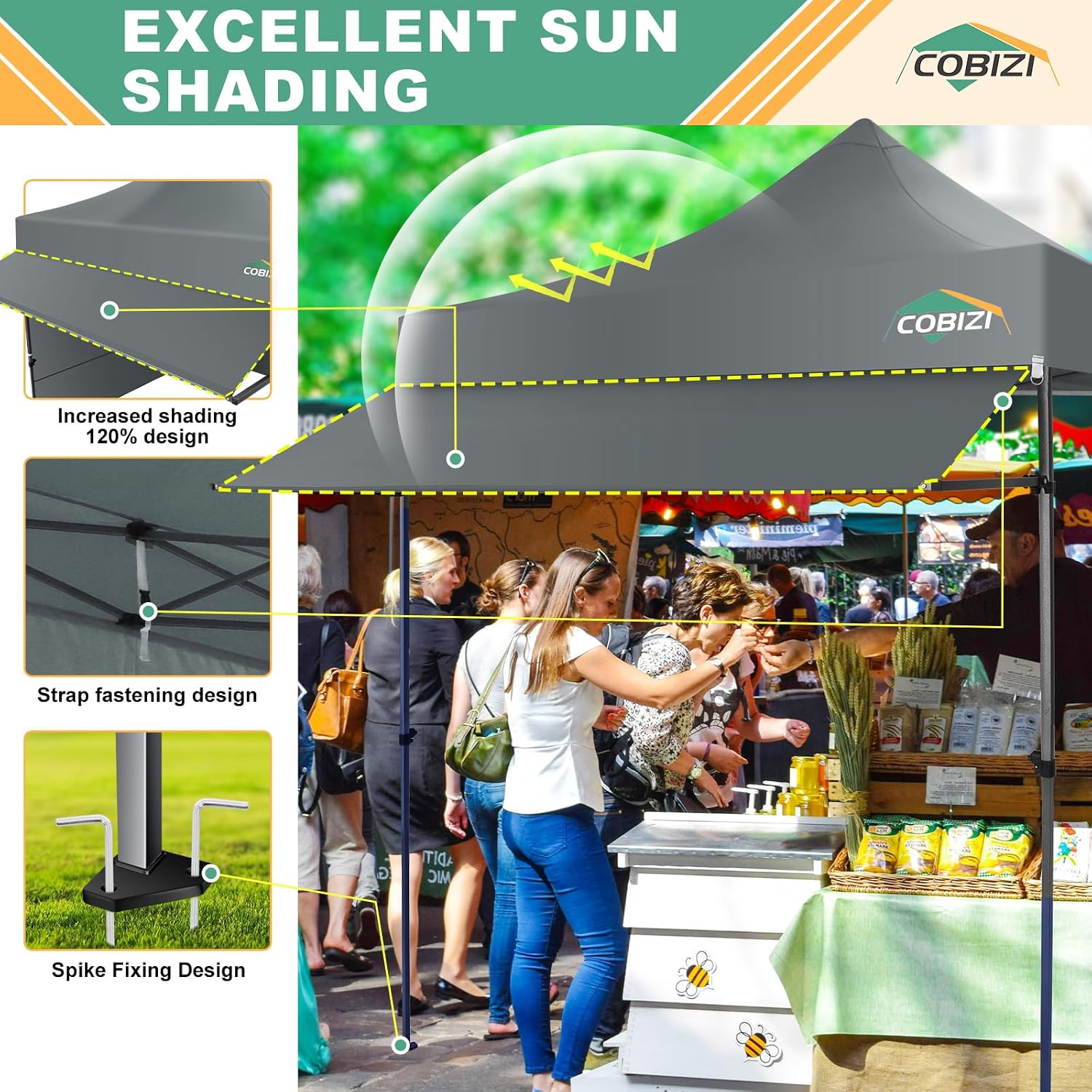 COBIZI 10x10 Pop Up Canopy Tent with Awning & Sidewalls, Heavy Duty Commercial 10X10 Canopy Tents Instant Waterproof, UPF 50+ Sun Shade for Outdoor, Parties, Markets (Gray)