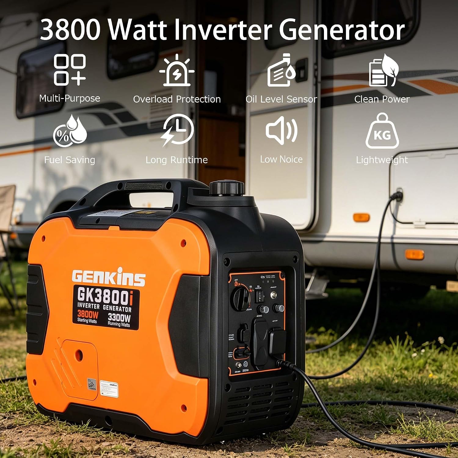 GENKINS Portable Inverter Generator 3800 Watt Gas Generato Super Quiet with Parallel Capability for RV Ready Camping Outdoor, EPA Compliant