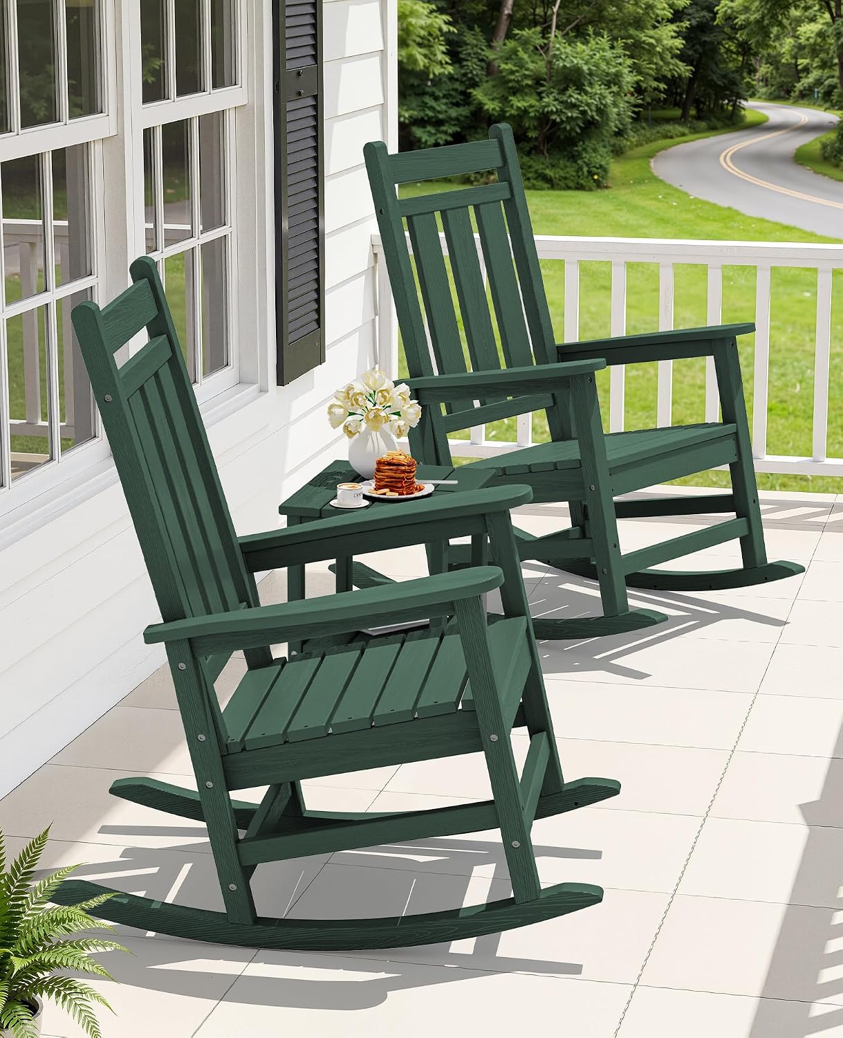 KINGYES Oversized Outdoor Rocking Chair Set of 2, All-Weather Patio Rocking Chairs for Porch, HDPE Outdoor Patio Rockers with High Back & Wide Seat for Garden, Lawn, Green