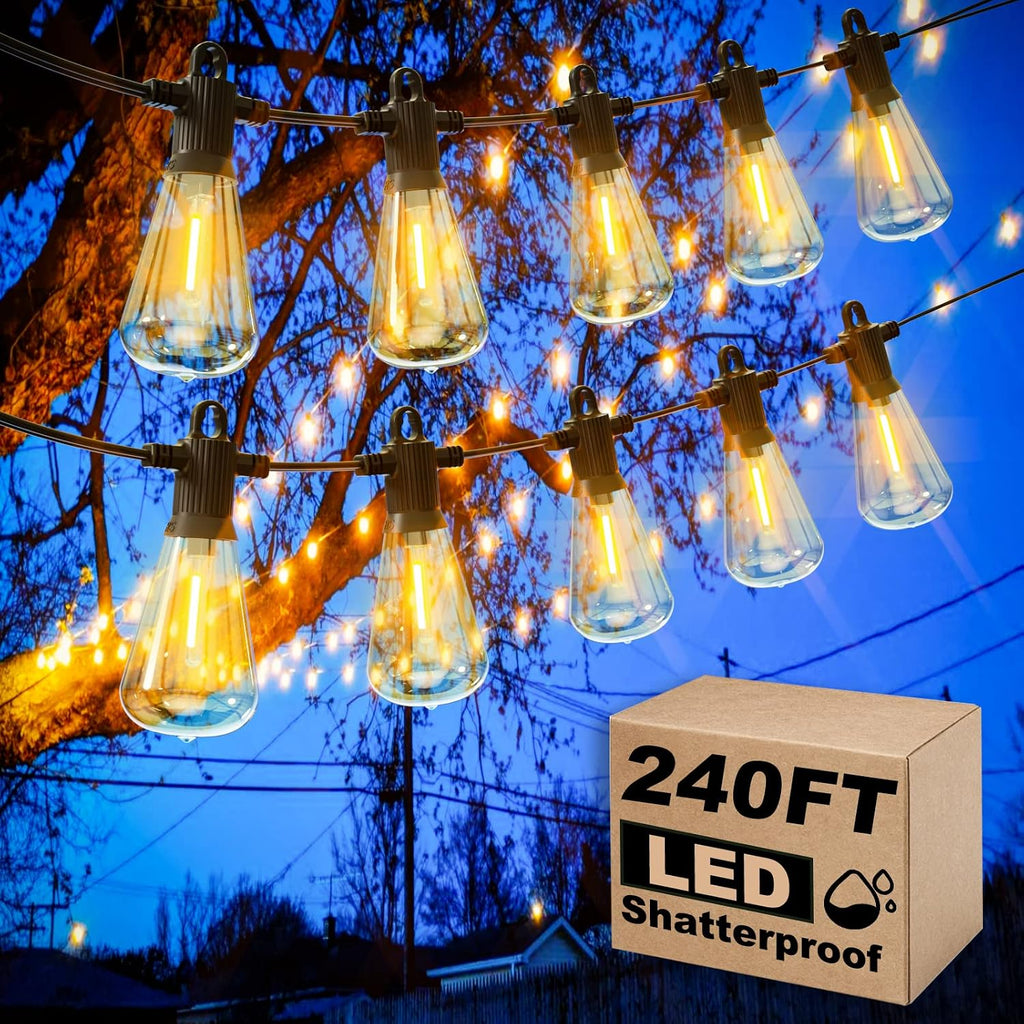 Zuske Outdoor Patio String Lights, 240FT LED with 120+4 ST38 Vintage Edison Bulbs, Waterproof Connectable Hanging Lights for Outside Backyard Bistro Porch (120FTx2)