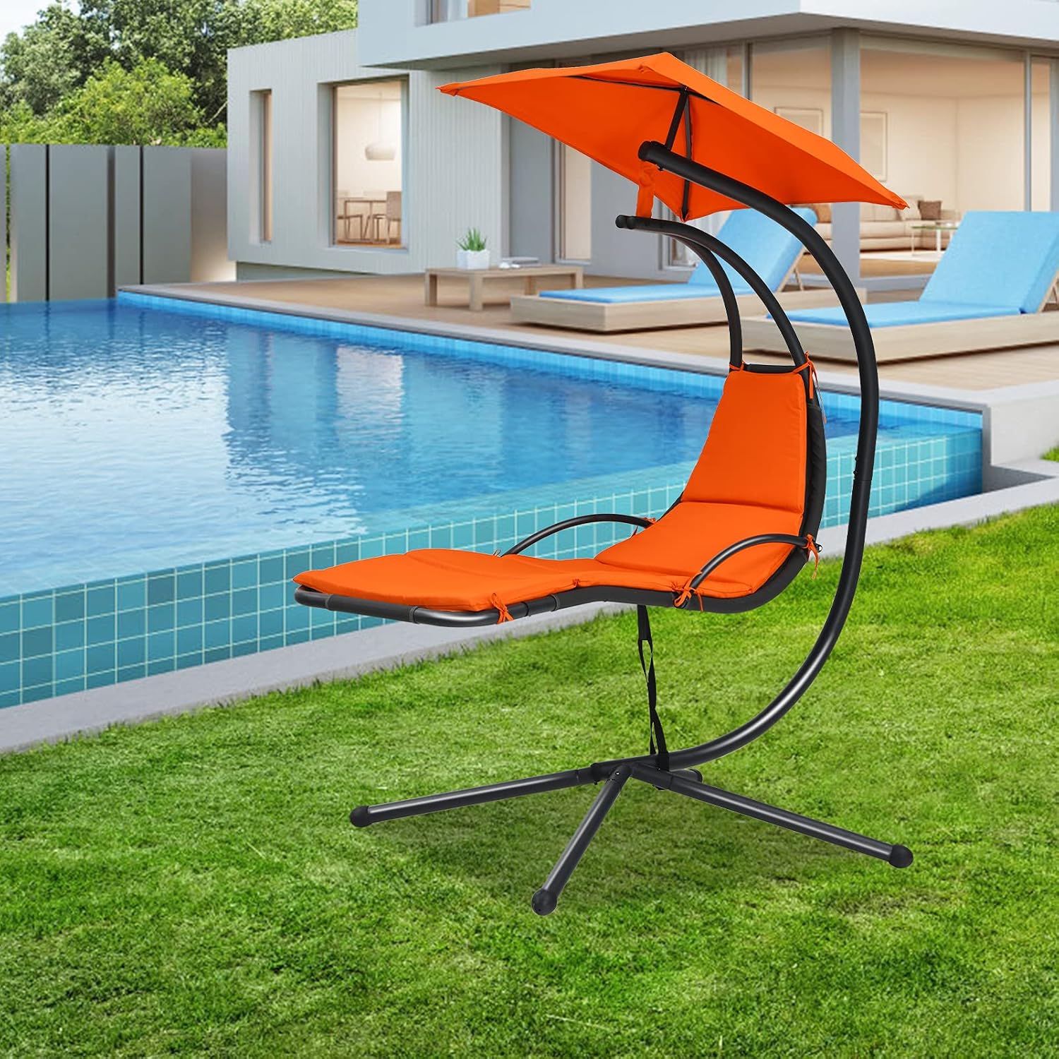 Giantex Outdoor Hanging Chaise Lounge Chair, Patio Hammock Chair with Removable Canopy, Cushion & Anti-toppling Rope, Hanging Arc Chaise Hammock for Patio Poolside Backyard Garden Porch (Orange)