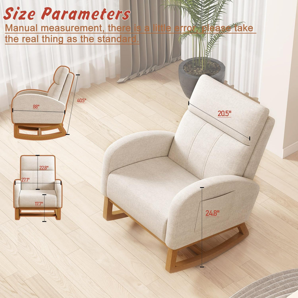 Gaussen Glider Rocking Chair Nursery Comfy Accent Chair with High Backrest Upholstered Living Room Chairs with Side Pocket Armchair Reading Chair for Bedroom Nursery Office, Cream