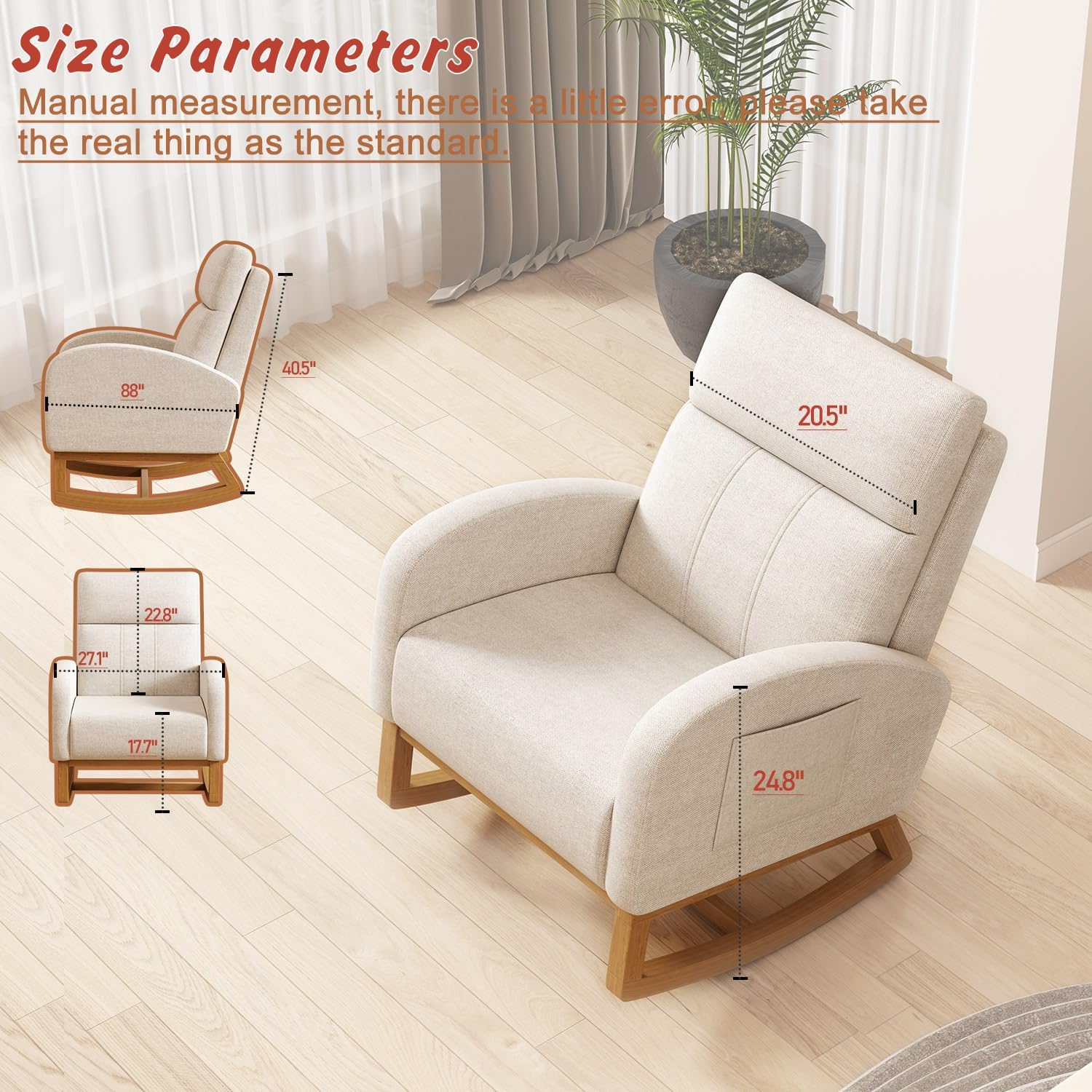 Gaussen Glider Rocking Chair Nursery Comfy Accent Chair with High Backrest Upholstered Living Room Chairs with Side Pocket Armchair Reading Chair for Bedroom Nursery Office, Cream