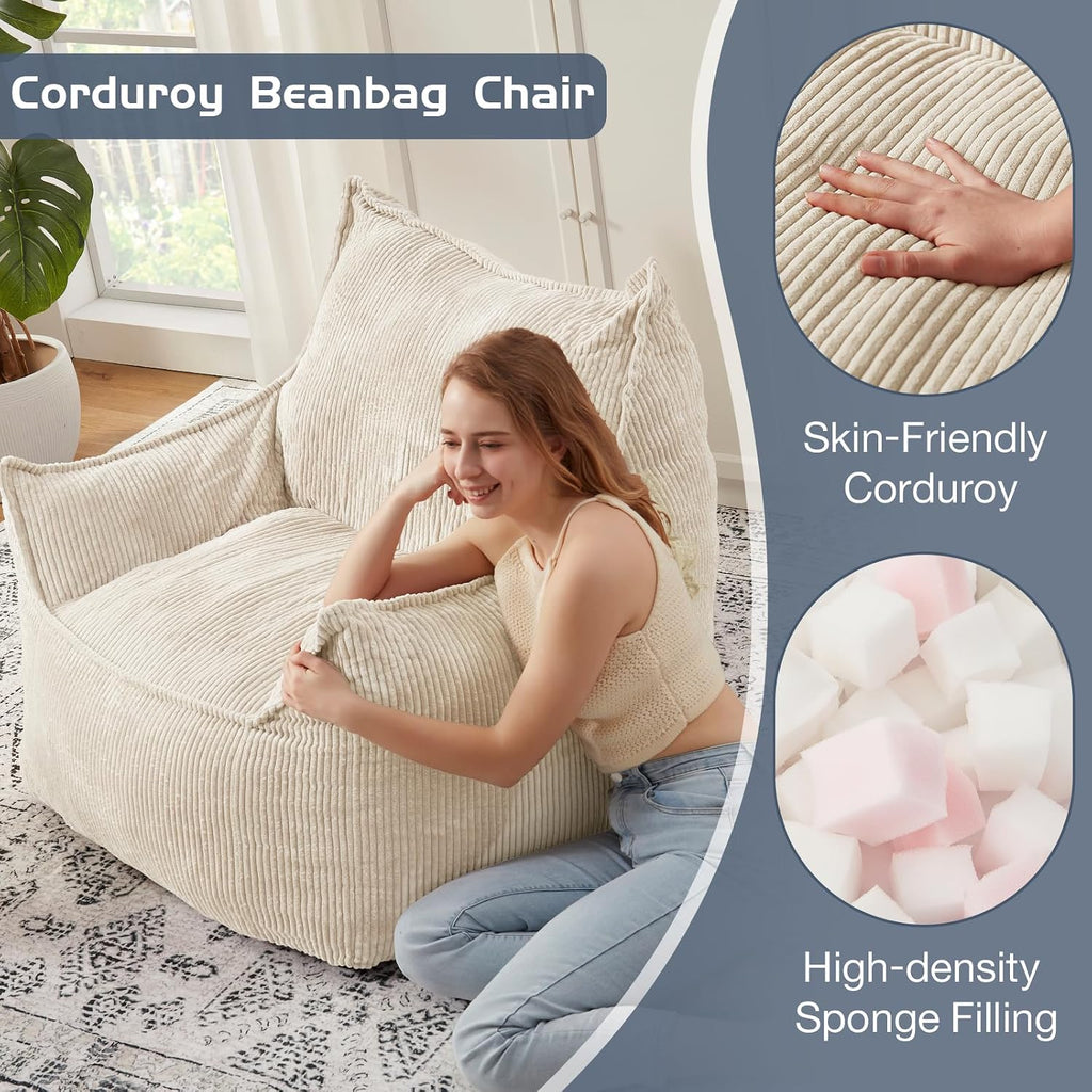 EBENCHICO Giant Bean Bag Chair Sofa for Adults Teens, Comfy Corduroy Large Bean Bag Chairs with Armrests for Bedroom Living Room, Adult BeanBag Lazy Sofa Couch Chairs with Filler Included