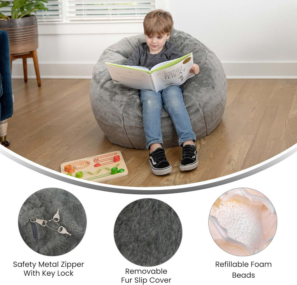 EMMA + OLIVER Daisy Small Gray Furry Bean Bag Chair for Kids and Teens