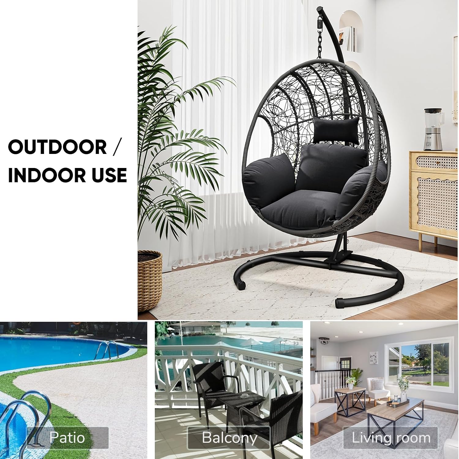 JOYBASE Hanging Egg Chair with Stand, Oversized Patio Swing Chair with Stand and Cushion, Hammock Wicker Rattan Lounge Chair for Indoor Outdoor Backyard Garden (Dark Grey)